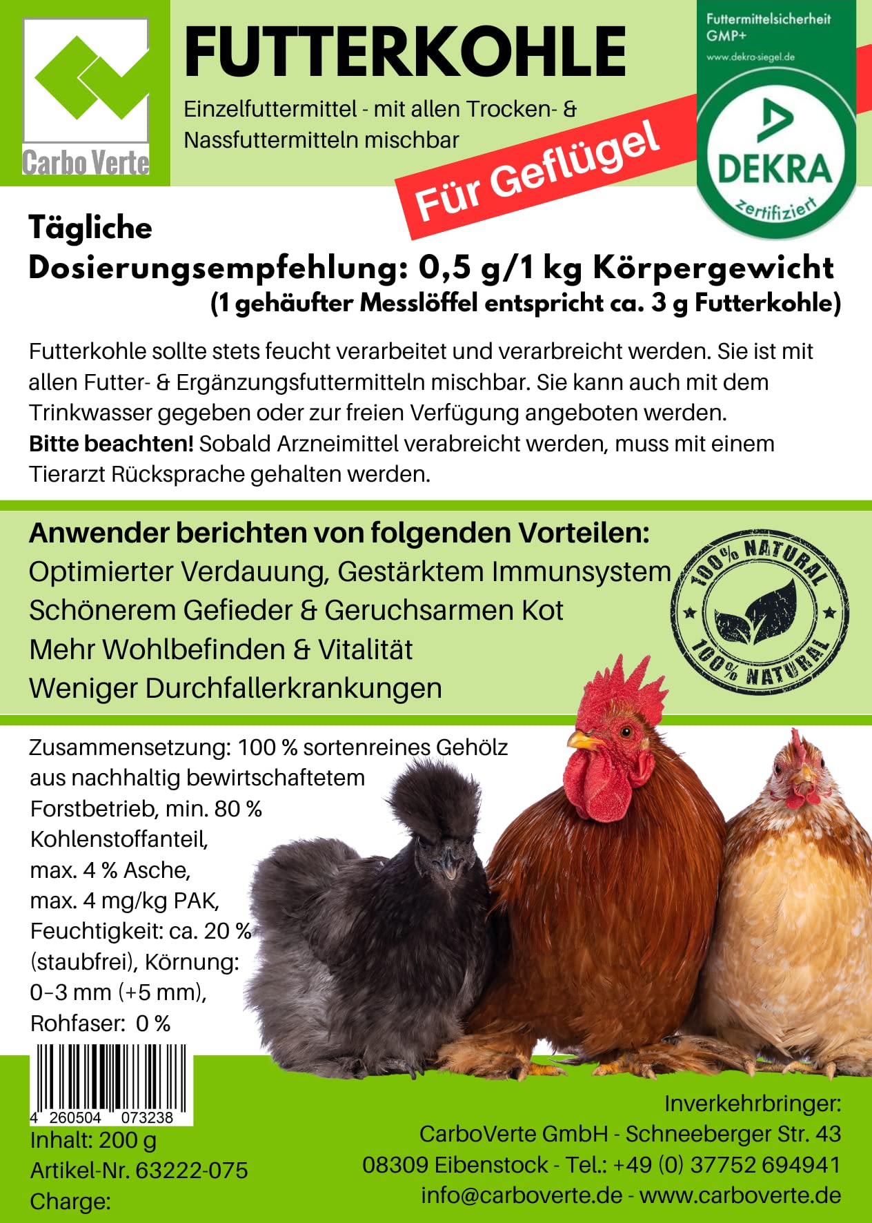 Futterkohle für Geflügel, Hühner, Enten, Gänse: Natürliche Unterstützung für eine Intakte Magen-Darm-Funktion, Vorbeugung und Hilfe bei Durchfall, 200 g