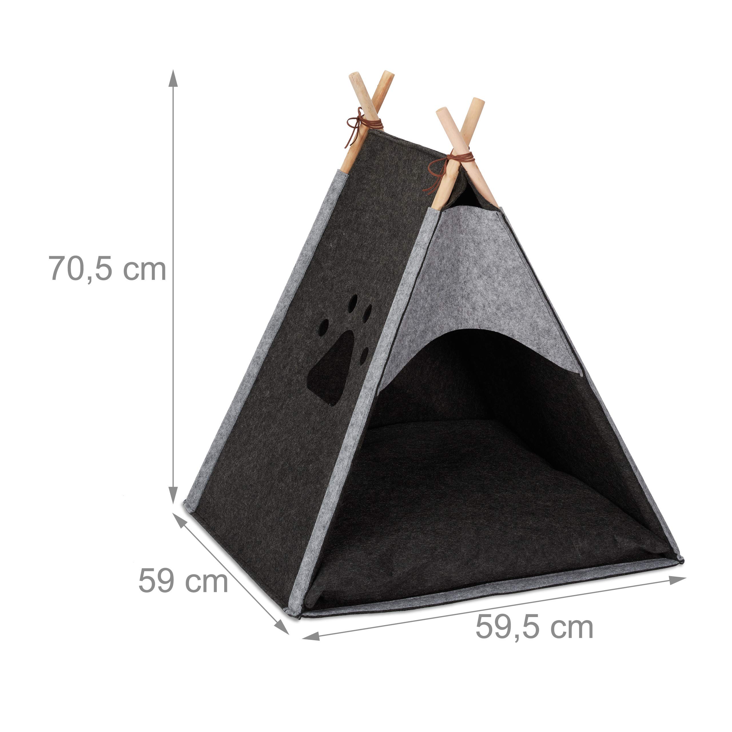 Relaxdays Tente pour Petits Chiens, Grand tipi pour Chats, Feutre et Bois, avec Coussin, 70,5 x 59,5 x 59 cm, Gris foncé