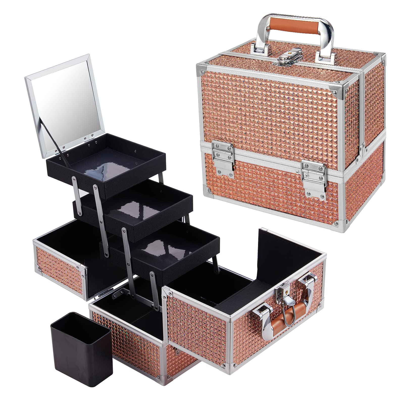 FRENESSA Makeup Train Case, Large Makeup Box Organizer with Brush Holder, Cosmetic Train Case Makeup Organizer for Home Travel, Giltter Gold