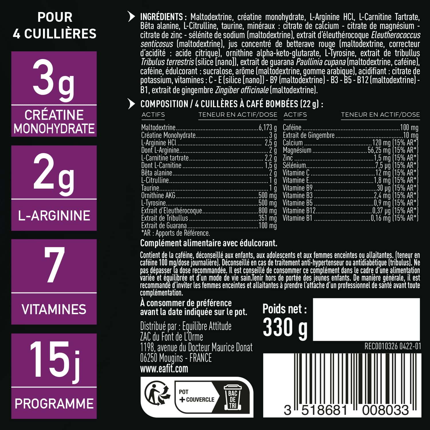 EAFIT Pure Pre-Workout - 330g - Saveur Fruits Rouges - Booster énergétique - Certifié Anti-Dopage | Booster Pre-Workout Energetique, Creatine Et Cafeine Pour La Musculation - Certifie Anti-Dopage, Fruits Rouges, 330 g