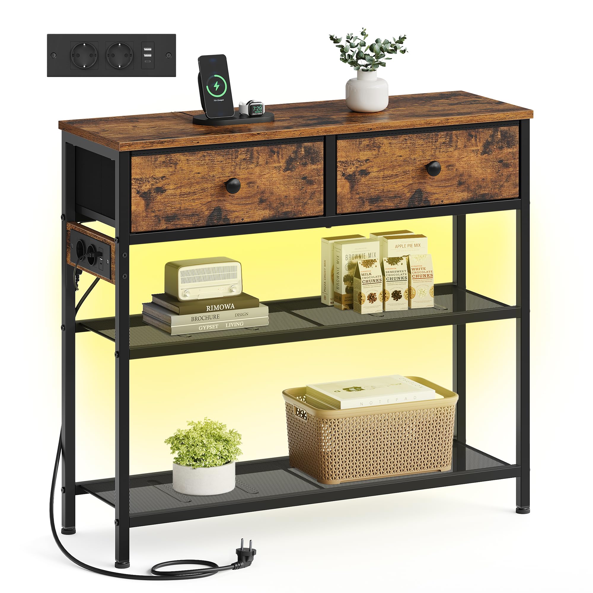 SONGMICS BELLAH Colección - Consola de Recibidor con Toma de Corriente, Mesa Auxiliar con Luz LED, Mesa de Recibidor, Sala de Estar, 30 x 76,7 x 78,7 cm, 2 Cajones de Tela, Marrón Rústico LGS175K102