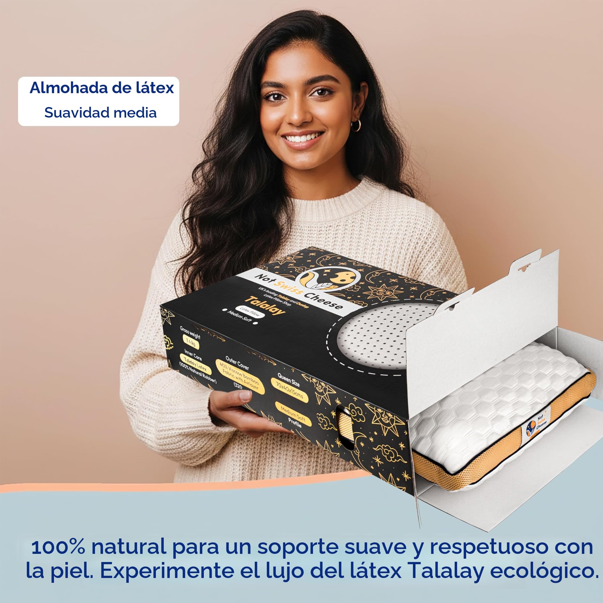 Almohada de Látex Talalay | Almohada Latex Natural Ergonómica y Transpirable | Soporte Cervical | Confort de Lujo Suave | Funda Lavable | Tamaño Queen | 27.5 x 15.7 x 5.9 in