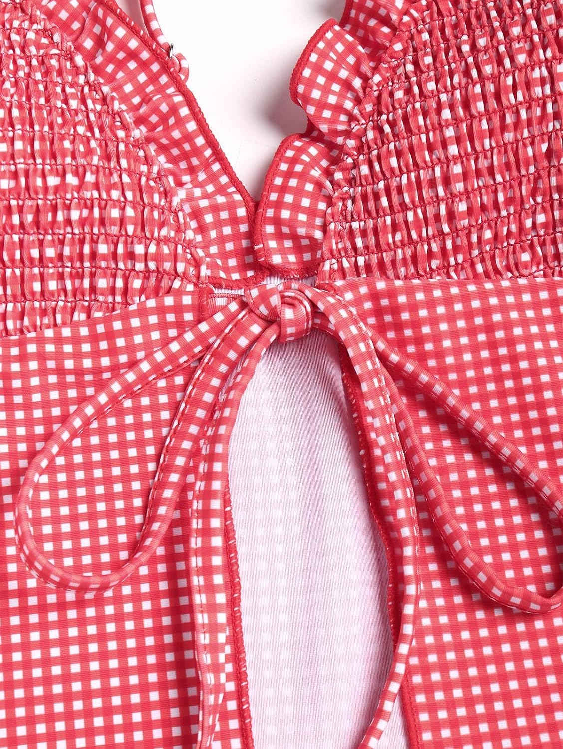 seamoly Gingham Bowknot Decor Smocked Ruffles Tie Front Tankini Set - Image 8