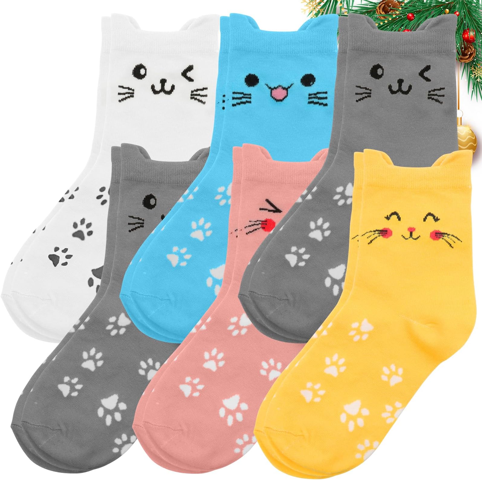 – 6 Pairs Cat Socks Womens 4-7, Breathable Comfortable Cute Sizes 4-7, Cotton Warm Cat Socks for Women Girls Christmas Gifts Birthday Presents