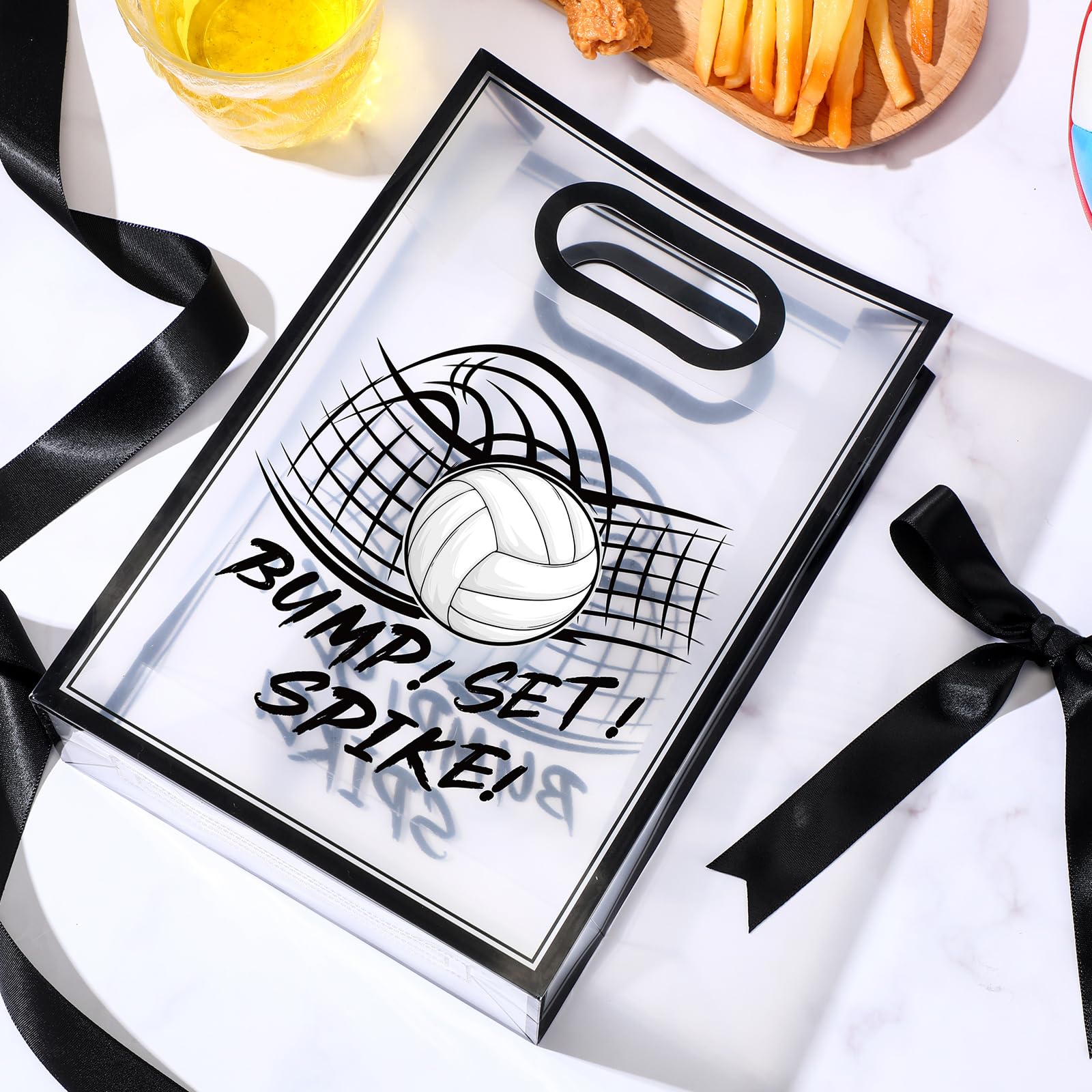 Aliceset 12 Pcs Volleyball Clear Goodie Bag with Die Cut Handles and Ribbons Sport Theme Party Favor Bags for Volleyball Team Snack Wrapping Teamer Gifts Birthday Party Treats Supplies, 7x10x3.15 Inch