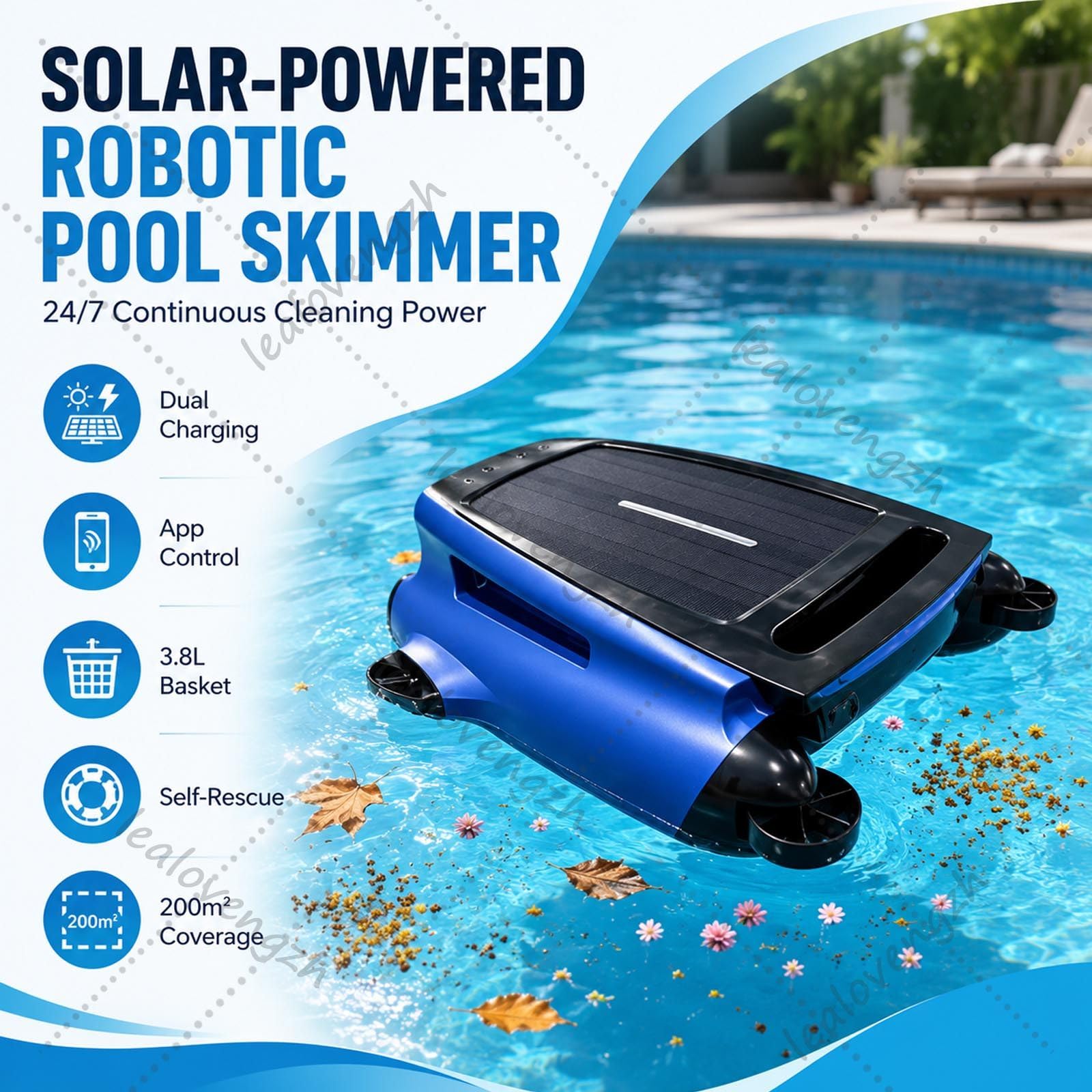 Robot Limpiapiscinas Solar, Skimmer Solar Piscinas con Control App, Limpiador AutomáTico Superficie,BateríA 20h, Cobertura 200m², Sin Cables, Verano 2026 Pro,200m²,Cesta 3.8l Grey