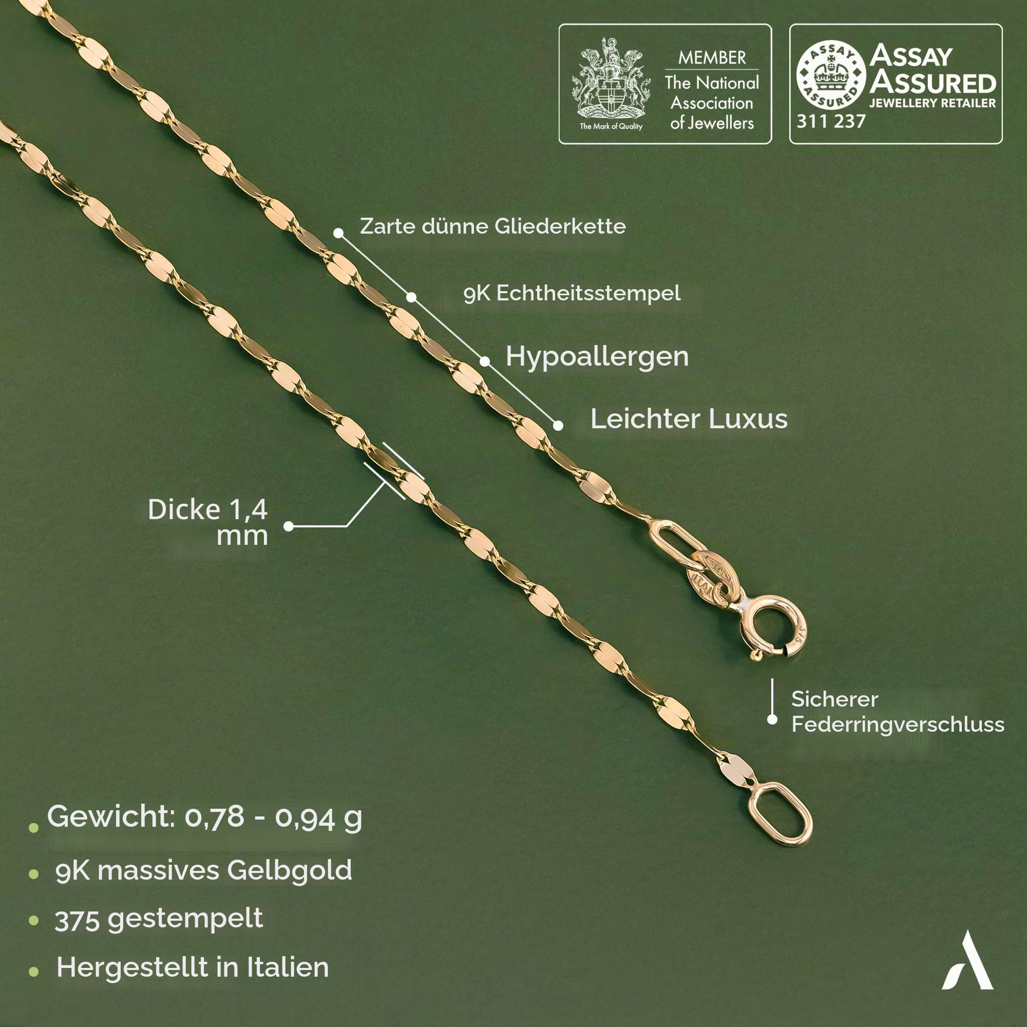 Amberta 9K 14K Goldkette Damen Echtgold | Goldene Halskette Damen Spiegelkette Gedrehte Popcorn Kette 40/45/50 cm