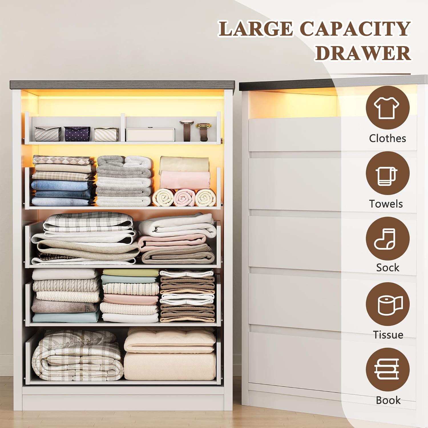 Larger White 5 Drawer Dresser for Bedroom with LED Light, Modern Chest of Drawers with Hidden Handles, Tall Wooden Dresser Closet for Living Room, Entryway, Hallway - White