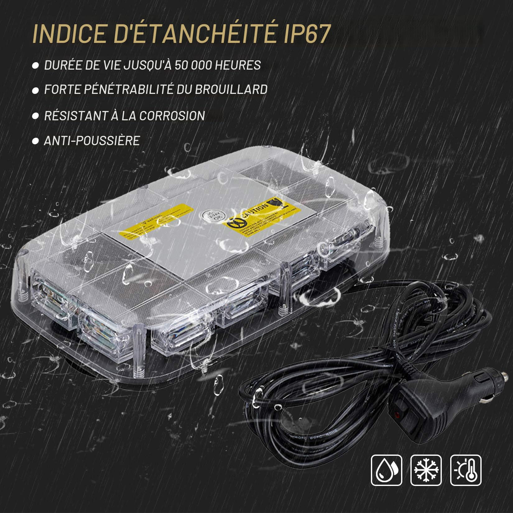 Gyrophare Stroboscopique Magnétique 48 LED – Feux Blanc Et Ambre – 26,5 X 16,5 X 6,5 Cm – Autonome
