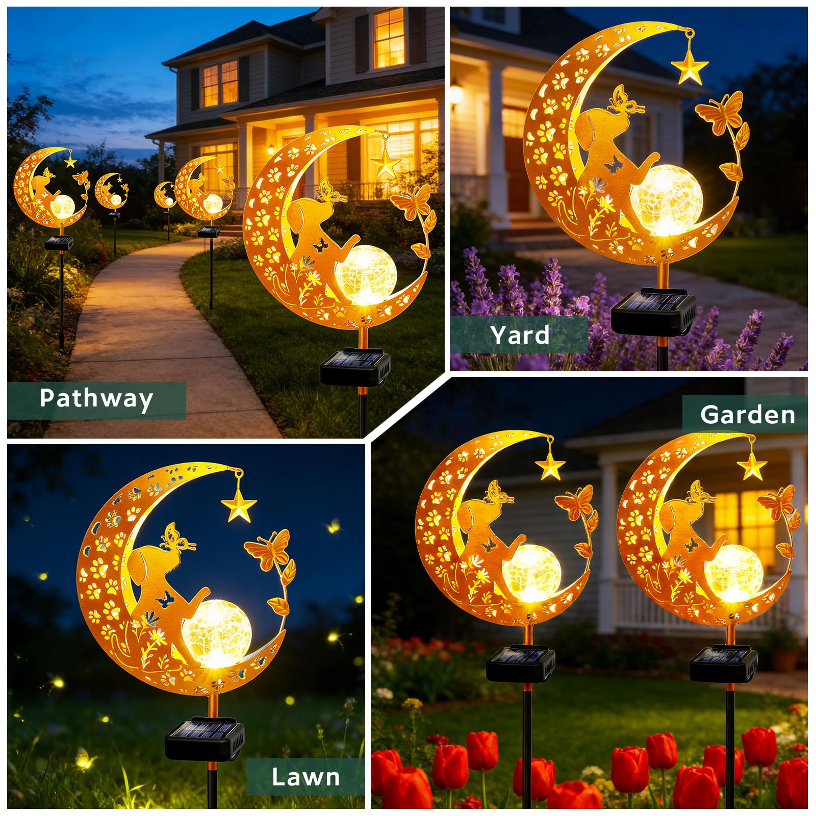 Solarleuchten Outdoor Dekorative Mond Hund Solar Pfahl Lichter Gartenarbeit Geschenke für Frauen Garten Ornamente Wasserdicht für Gehweg, Hof, Rasen, Terrasse