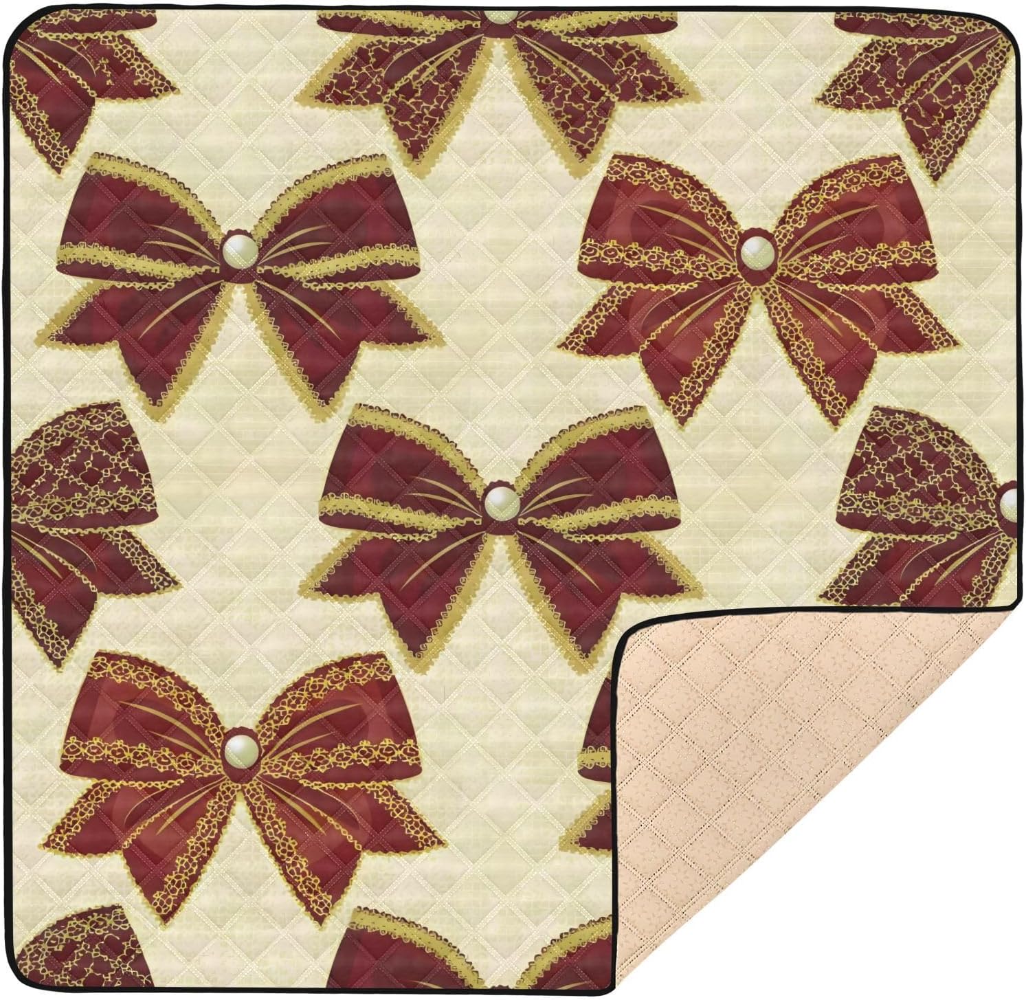 Vintage Burgundy Bows Baby Play Mat,Portable Foldable Crawling Mat Thicken Soft Non-Slip Waterproof Washable Baby Mat 50 x 50 Inch