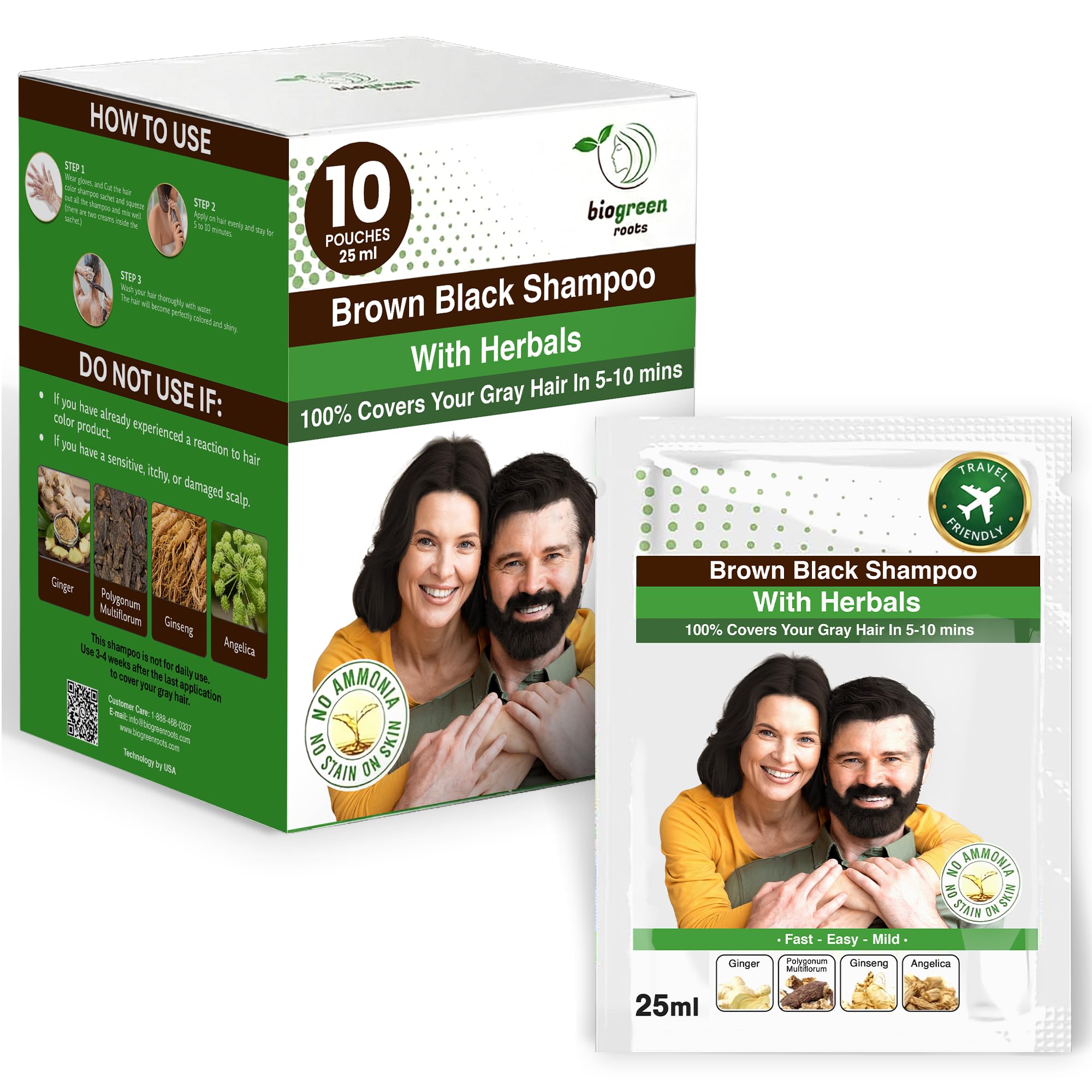 Ammonia-Free & Paraben-Free Herbal Hair Dye Shampoo for Women & Men – Natural Color Haircare Wash for Gray Coverage, Nourishing Shampoo for Color Care – Brown Black (10 sachets x 25ml)