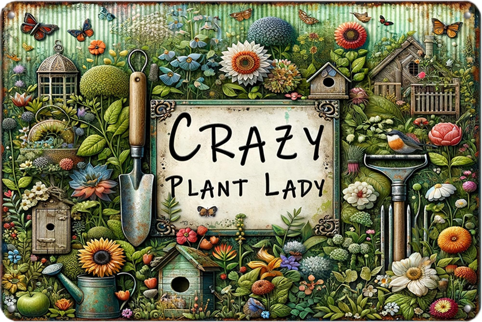 Retro Flower Metal Sign,Vintage Garden Tin Sign,for Home Greenhouse Yard Outdoor Cottage Bedroom Decor,Gardening Gifts 8X12 Inch (Crazy Plant Lady)