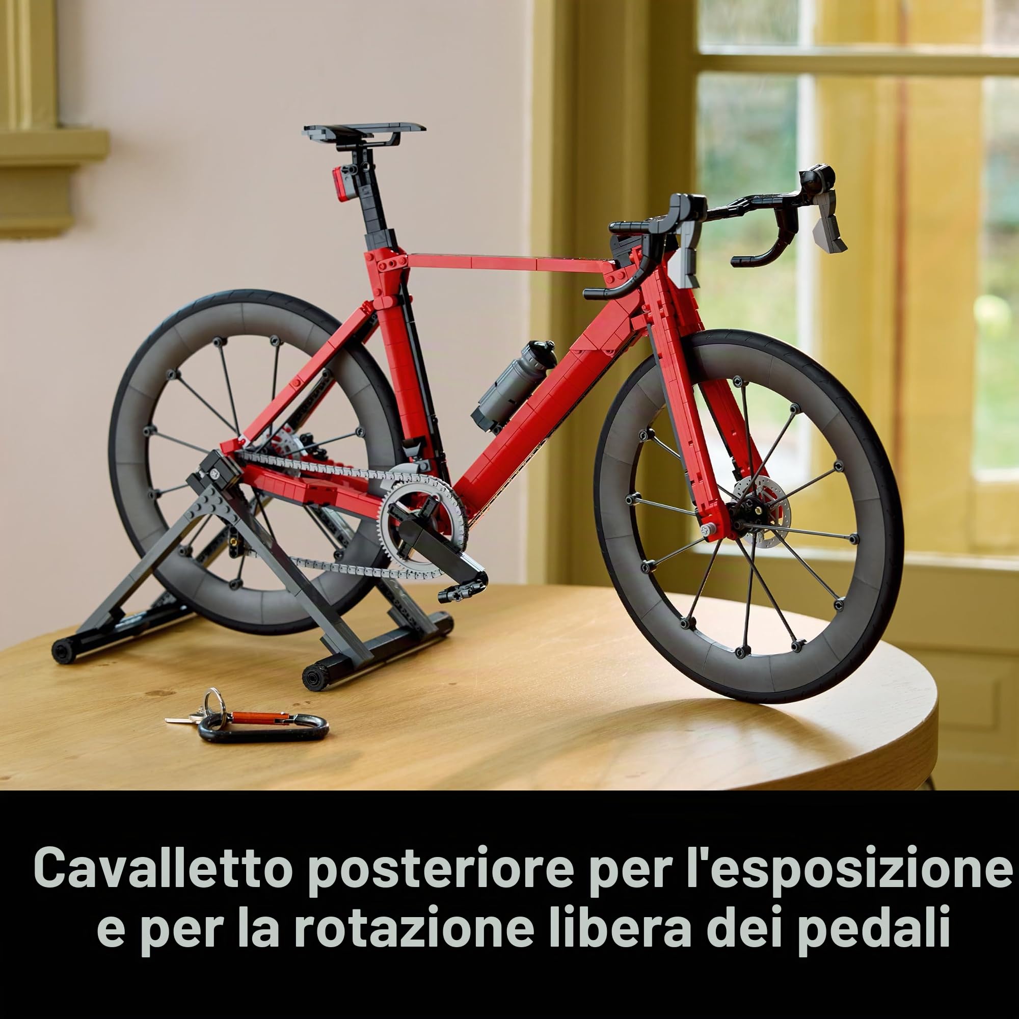 BRICK Flip LEGO 11380 - Bicicletta da corsa con piastrelle stampate, ruote Legorad con pneumatici in gomma, deragliatore posteriore e supporto ruota posteriore come scrivania