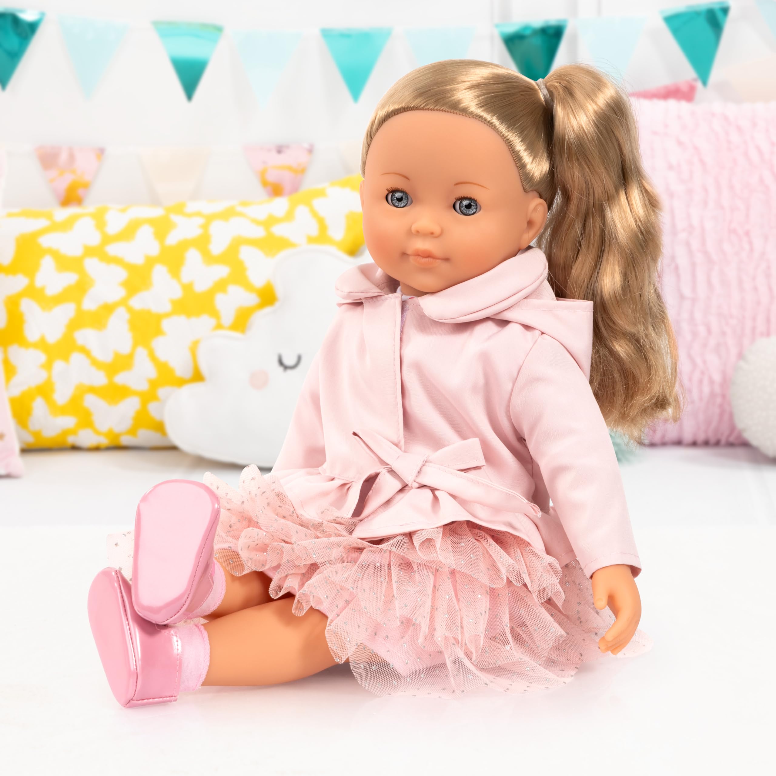 Bayer Design 94637AN Charlene Puppe interaktiv mit Haaren, sprechend, Funktionspupe, weicher Körper, Schlafaugen, Zubehör, 46 cm, Rosa