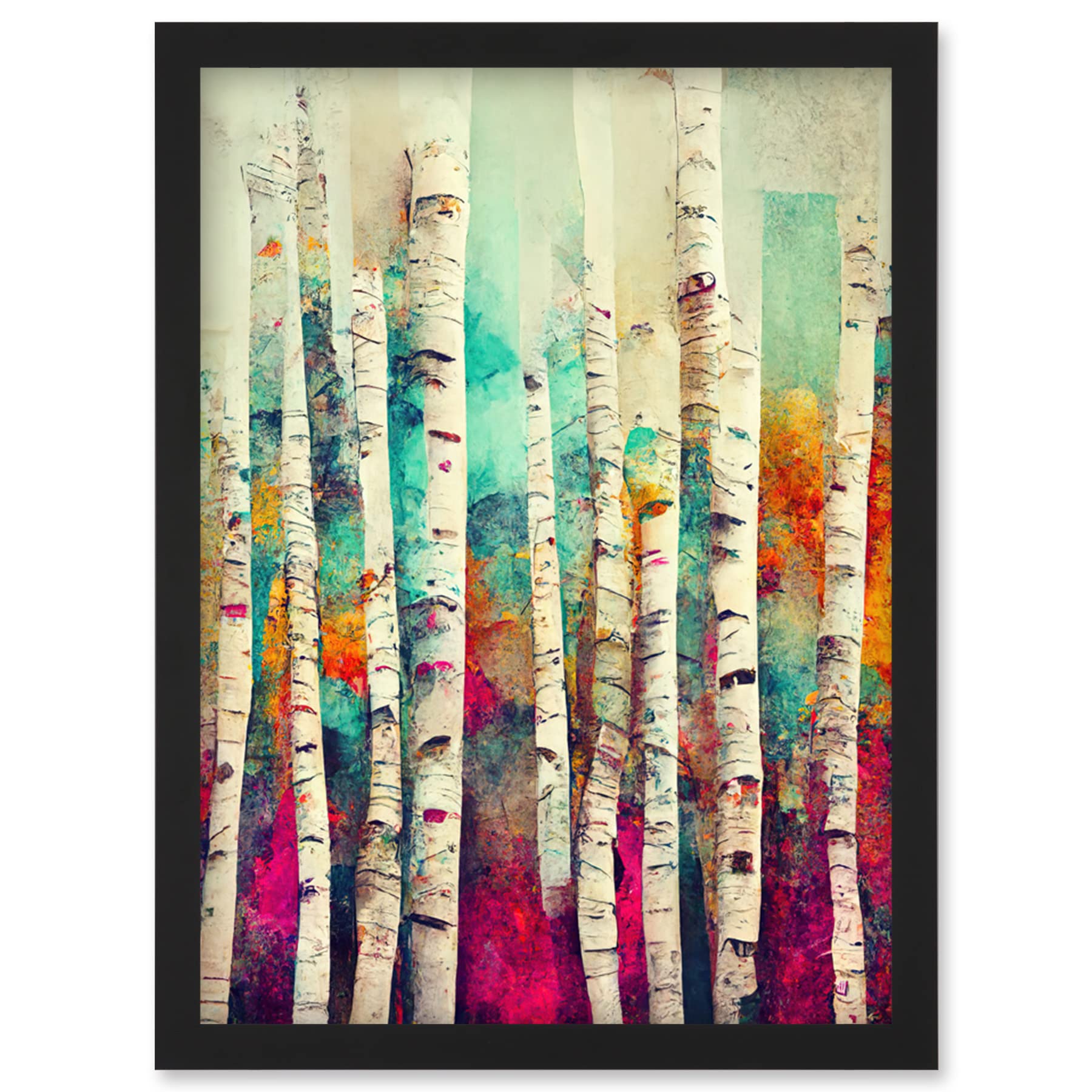 Wee Blue Coo Abstract Multi Coloured Birch Tree Forest Vibrant Colourful Oil Painting Artwork Framed Wall Art Print A4