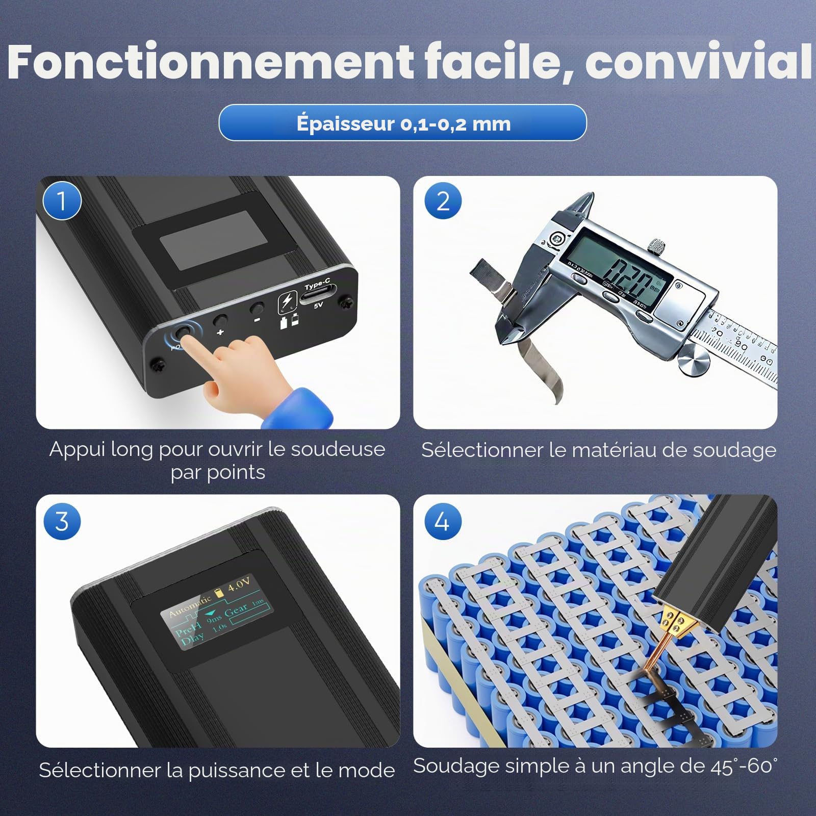 Soudeur par Points avec Batterie 5000 mAh, écran OLED, chargement Type-C, Automatique et Manuel, 80 Vitesses