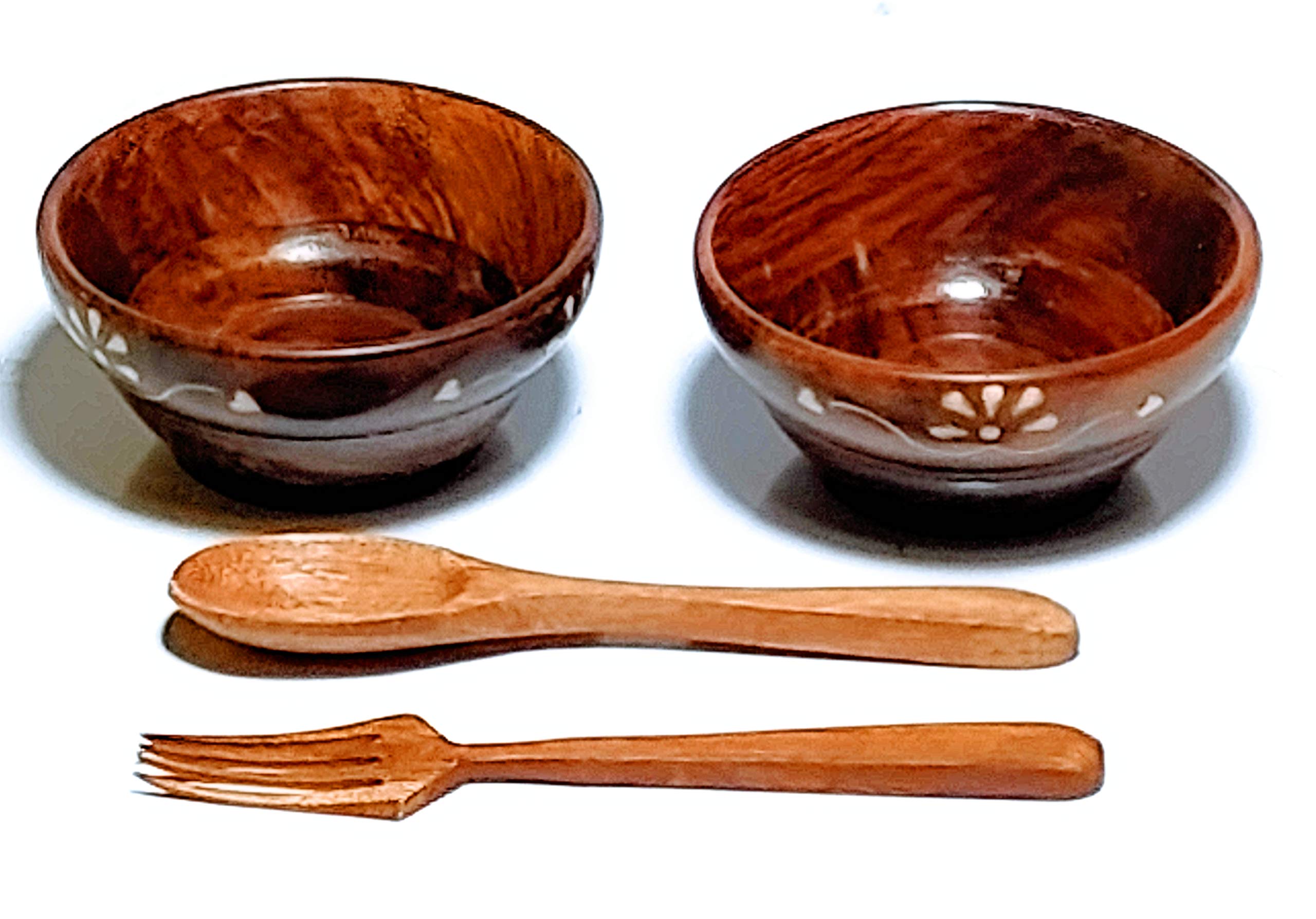 Naha Decor CRAFT STUDIO Brown Colour Length -9.652 cm Width- 9.652 cm Height -5.715 cm Wooden Eco-Friendly Handcrafted Decorative Printed 2 Set Bowl With 2 No Wooden Spoon for Dry Food Salad Soup Snacks Fruit Serving at Home Hotel Bar Guest House Dining Table