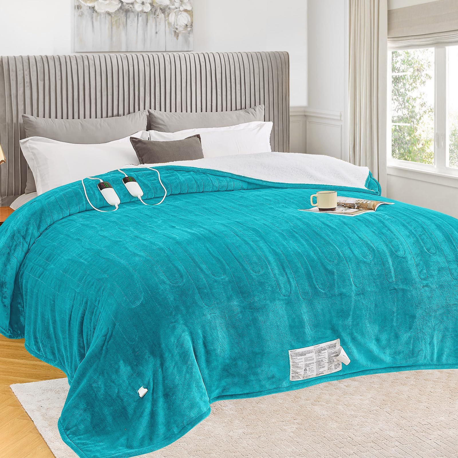 greenoak Heated Blanket Electric Queen Size 84"X90" Dual Control, Heating Blanket with 10 Levels 1/2/4/6/8 Hours Auto-Off Overheat Protection, Soft Sherpa Warm, ETL Certified Aqua Green