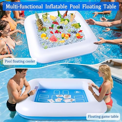Miniatura 3 de Mesa de juego inflable para piscina con cartas impermeables (35.5 x 35.5 pulgadas, azulblanco)
