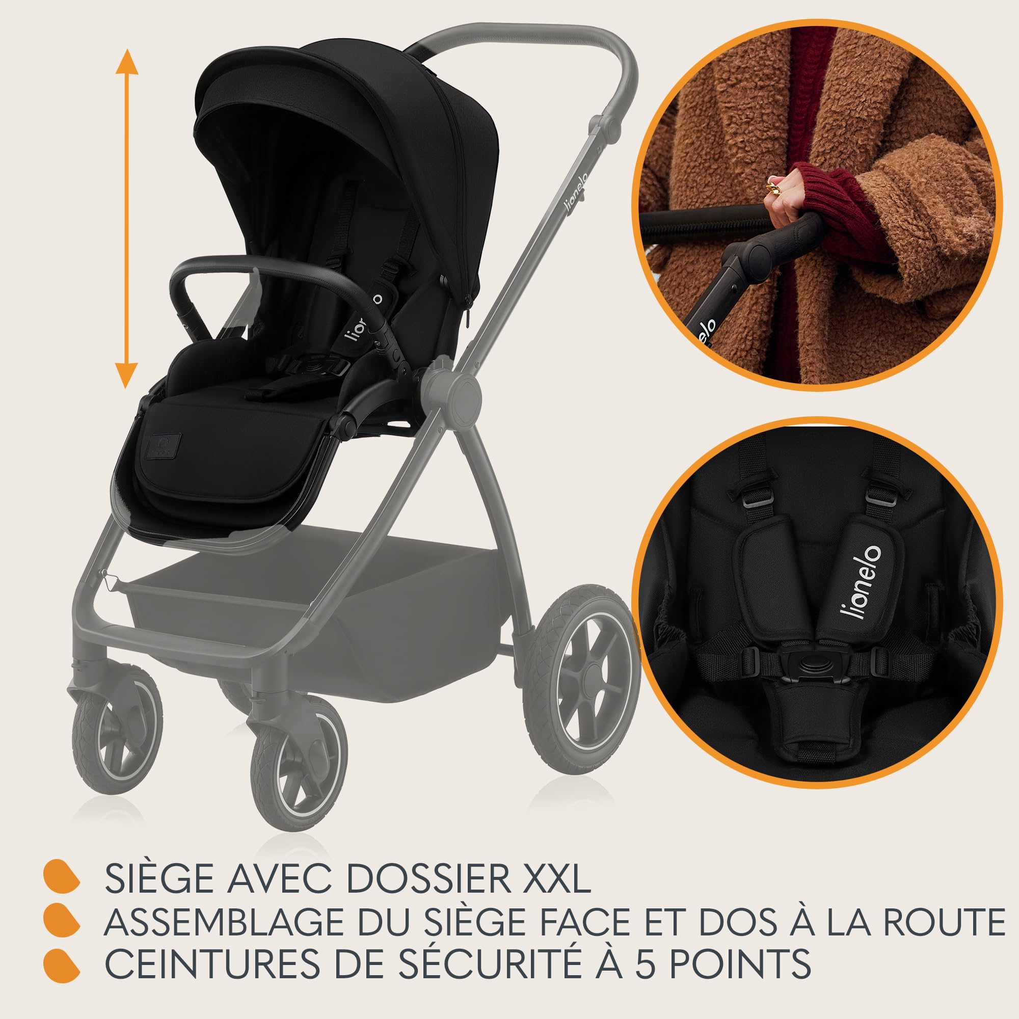 LIONELO MERIL 3 en 1 Poussette Bébé Multifonctionnelle 0 à 48 Mois Jusqu'à 22 kg, Nacelle Jusqu'à 9 kg, Siège Auto, Roues Tout-terrain 360 °, Amortissement Complet Auvent XXL UPF50+ (Black)