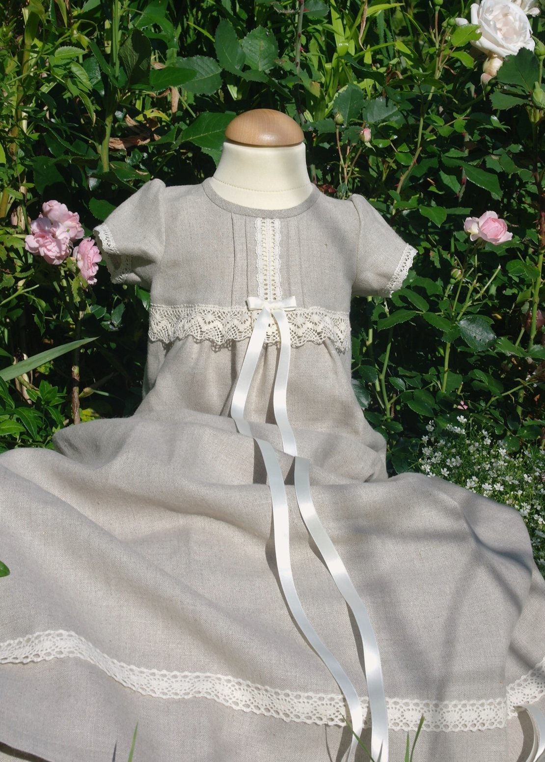 battesimo tradizione nella natura colorato lino con maniche corte da Grace of Sweden off white bow 68/74, 6-11 months, chest 19,5 in.