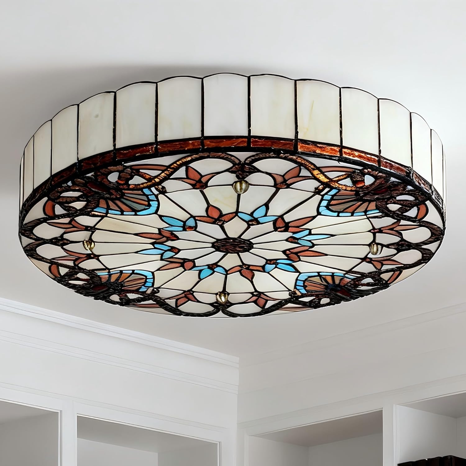 20-Inch Vintage Stained Glass Flush Mount Ceiling Light, 4-Light Recessed Stained Glass Pendant Lighting Fixture for Bedroom Dining Room Living Room Foyer