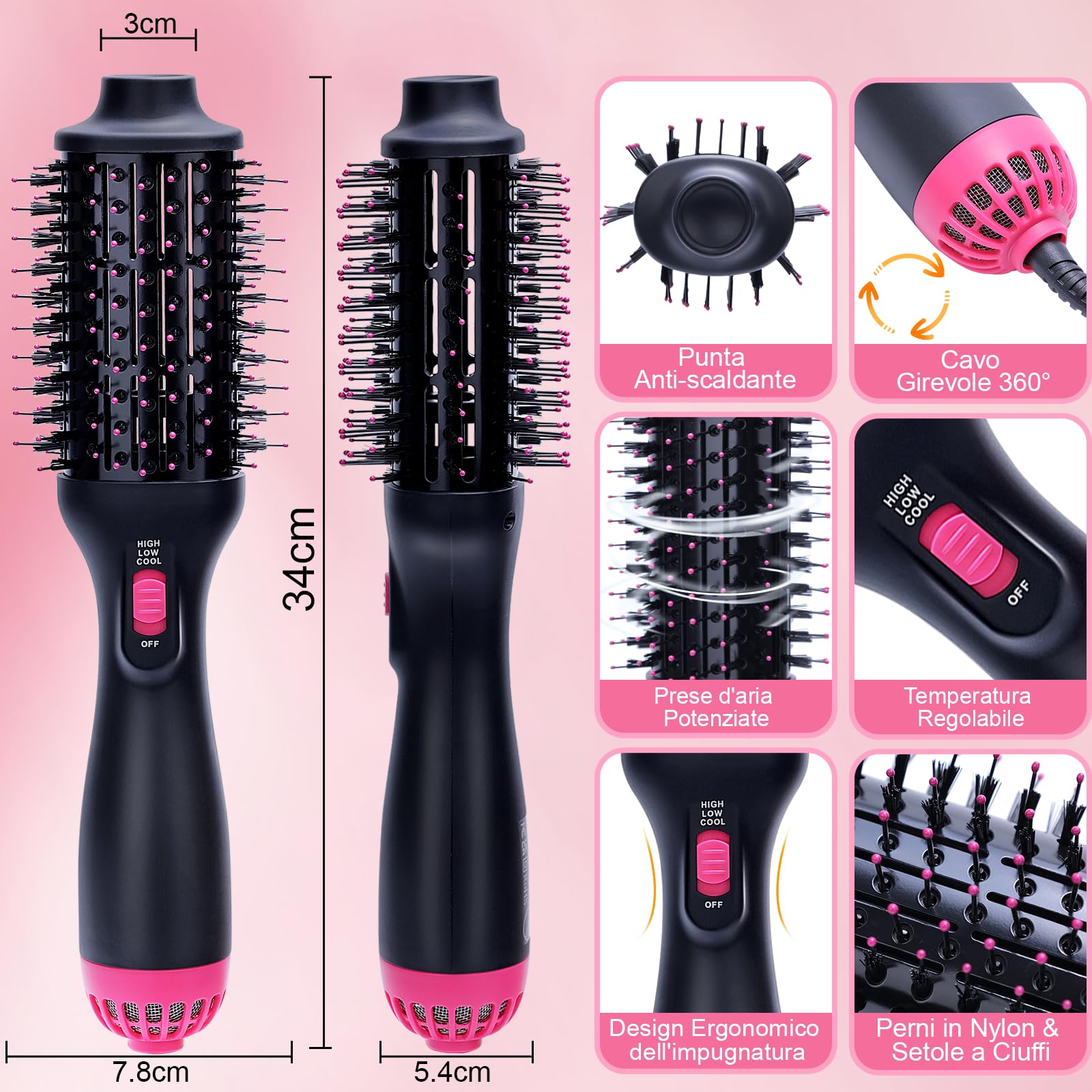 Spazzola ad Aria Calda, Spazzola Asciugacapelli 4 in 1, Spazzola Lisciante per Capelli per asciugatura, lisciatura, arricciatura e volume, Volume Capelli 3 Temperature e 2 Livelli di Flusso