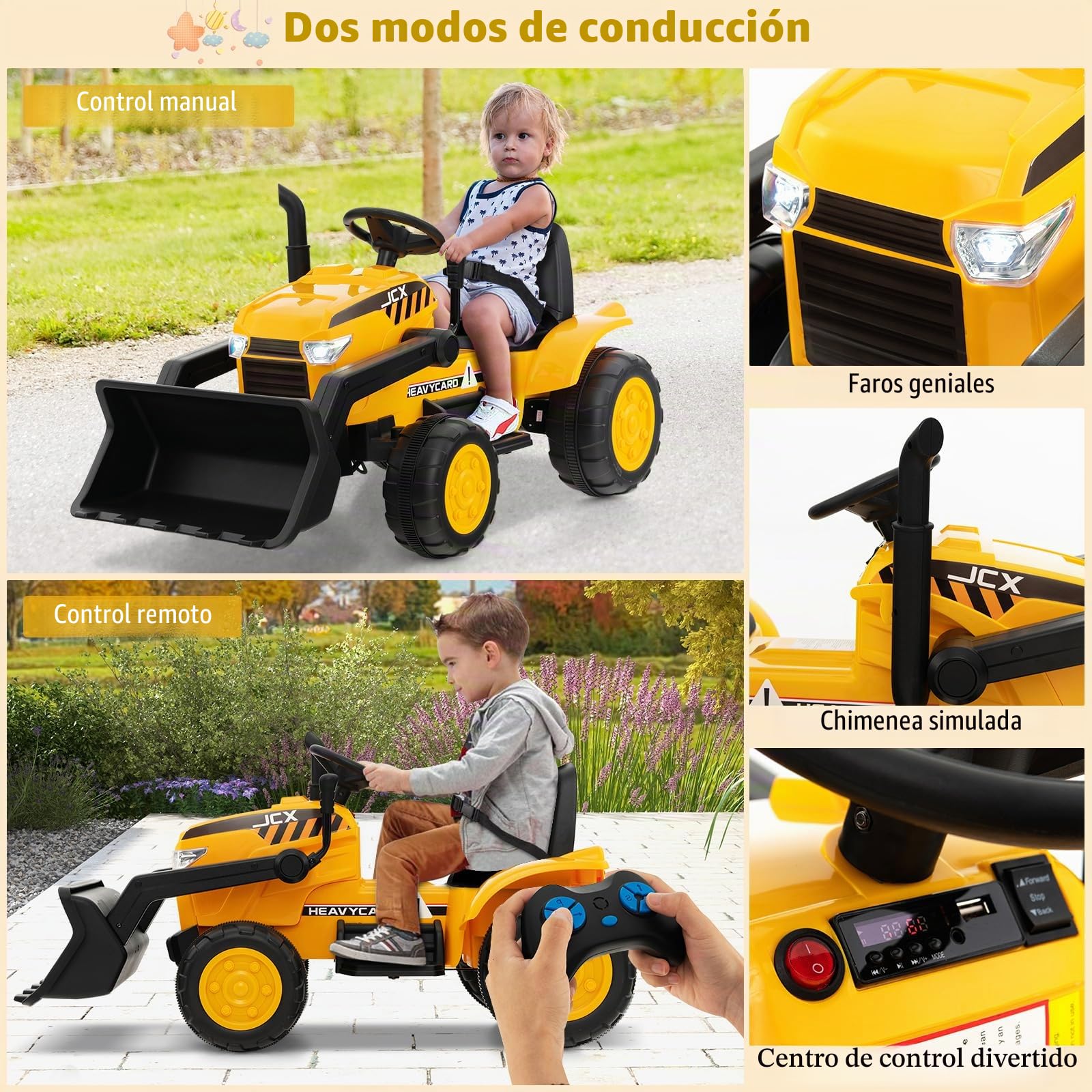 GOPLUS Cargador eléctrico de 12 V con pala, vehículo infantil con mando a distancia, faros, música y claxon, vehículo de construcción con función de arranque lento y ruedas antideslizantes para niños
