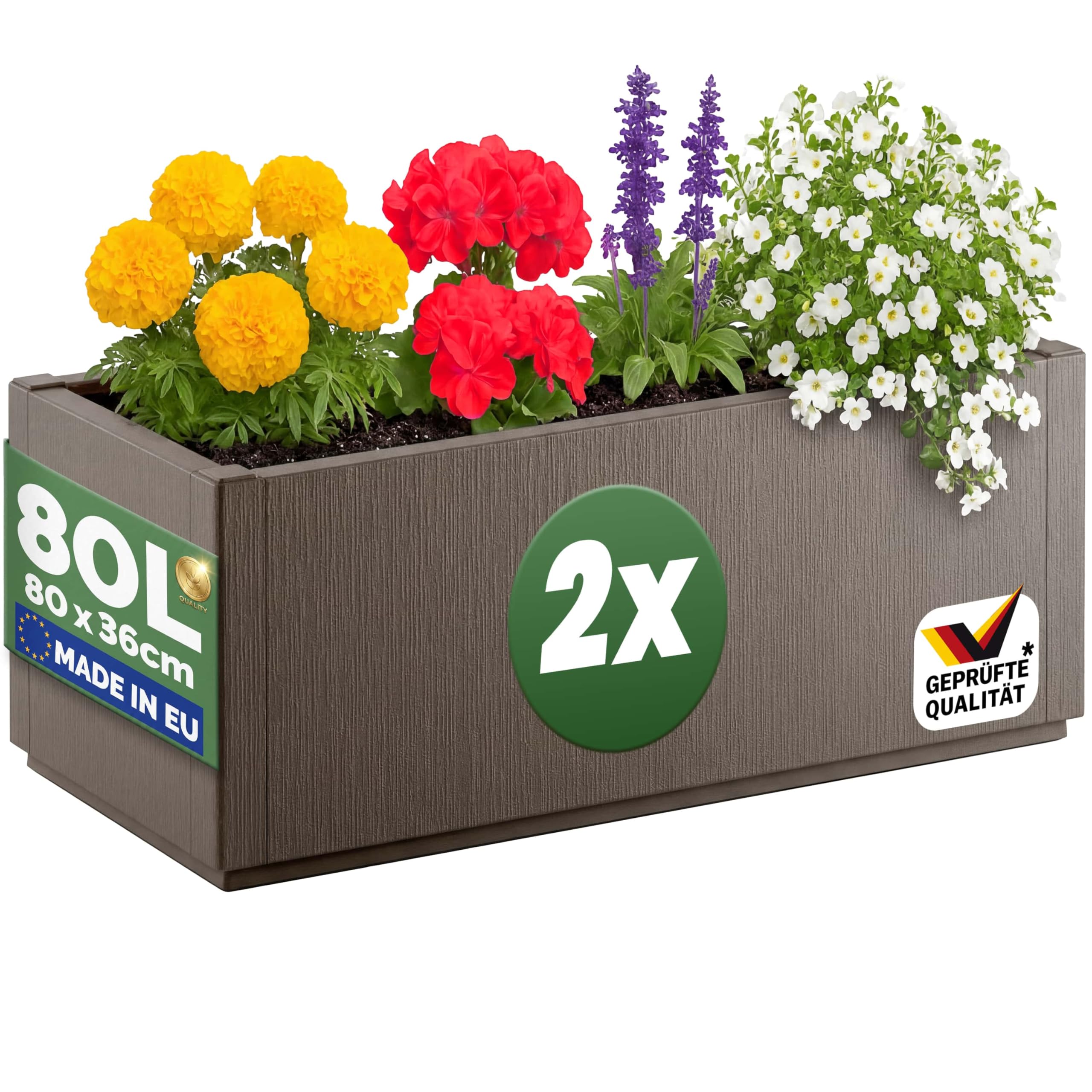 Casaria 2er Set Blumenkasten Ethica | Braun, 80L, 80x36x36cm, Garten, Wetterbeständig, Pflanzkasten