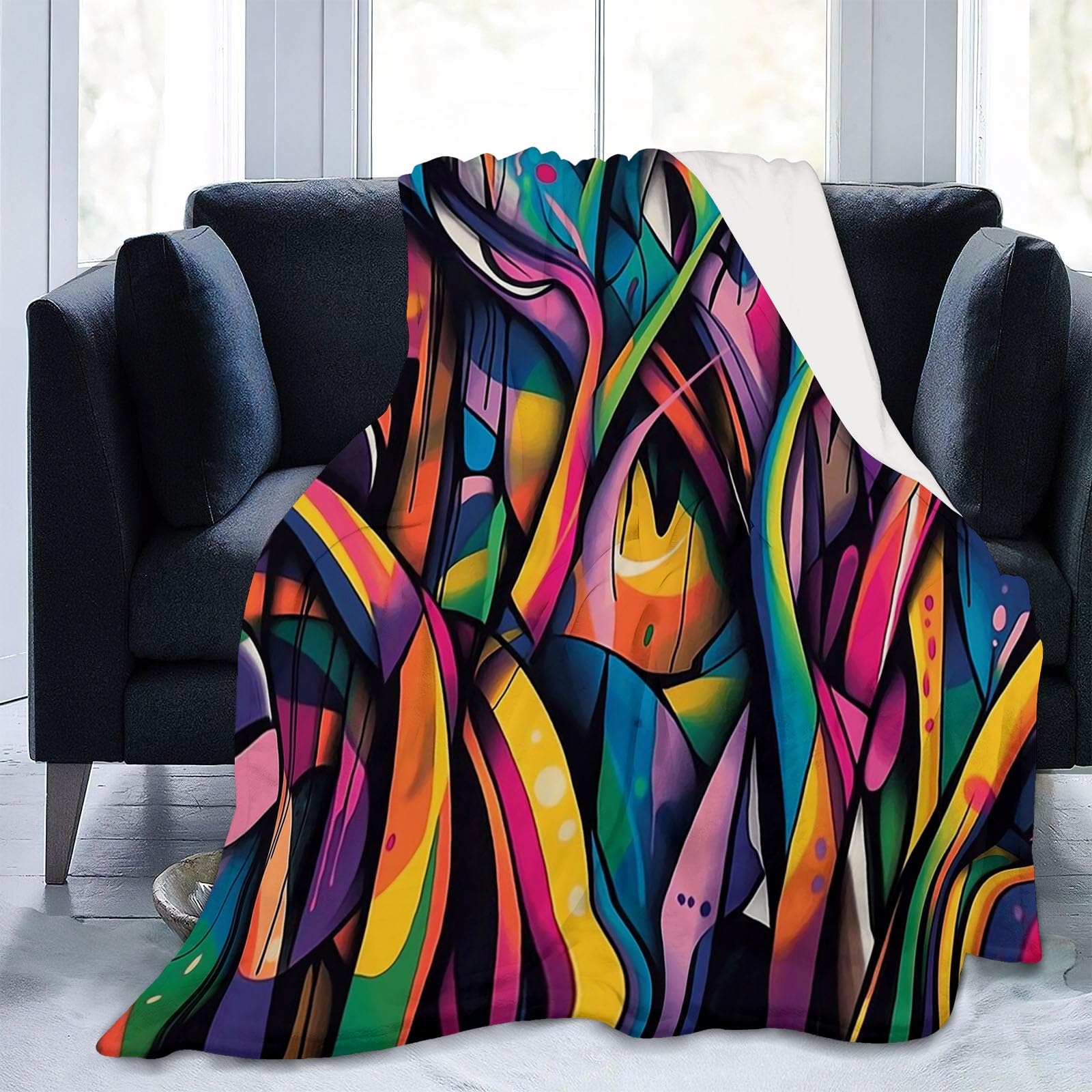 Abstrakcyjny koc w paski graffiti jesień pościel 180 x 200 cm oddychający koc flanelowy czerwony zielony na podróż na kanapie do sypialni
