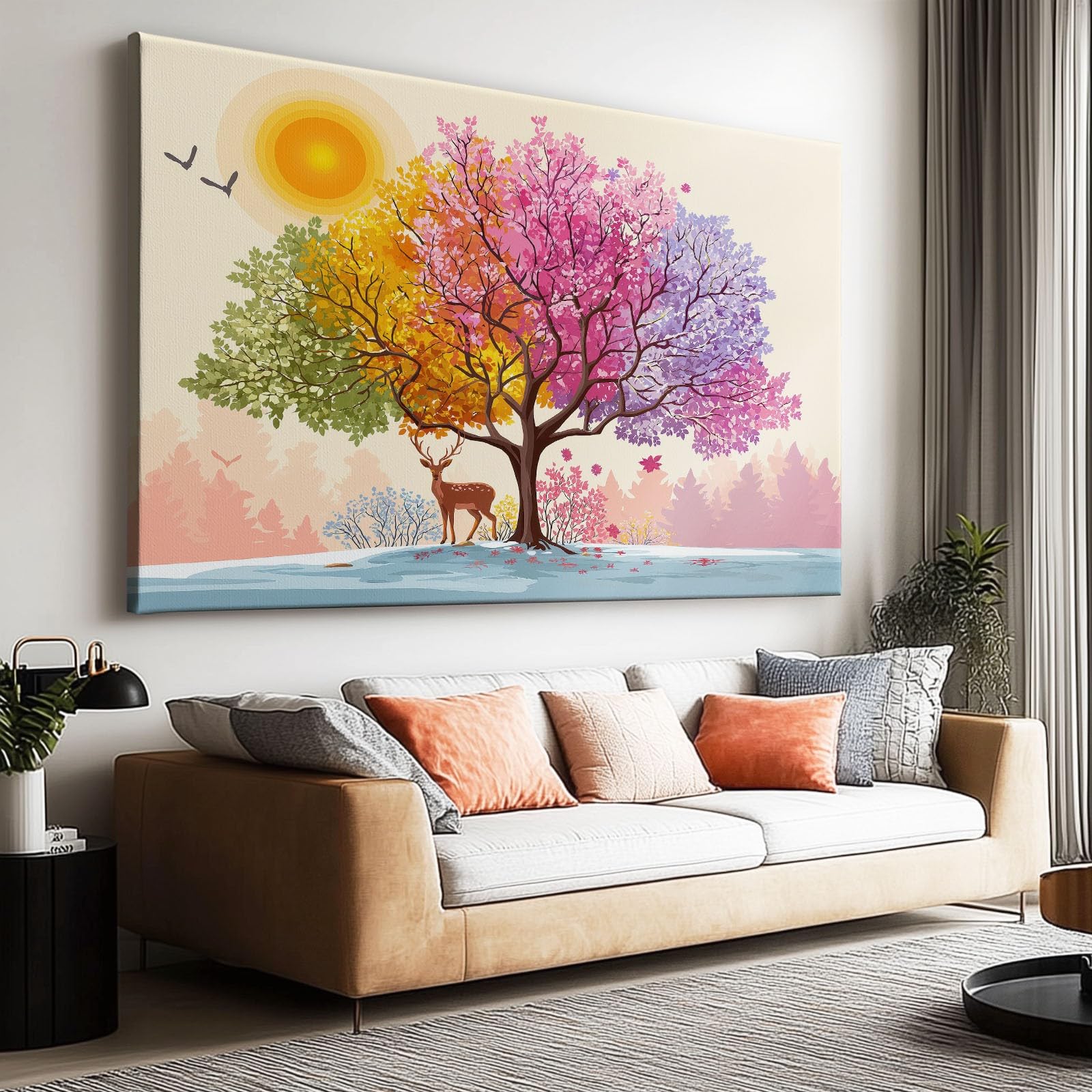 Wandbilder Wohnzimmer, 120 x 80 cm Vier Jahreszeiten Baum Hirsch Leinwand Bilder, Natur Schlafzimmer Aesthetic Büro Flur Esszimmer Treppe Arbeitszimmer, Bunt 1 Teilig Leinwandbilder