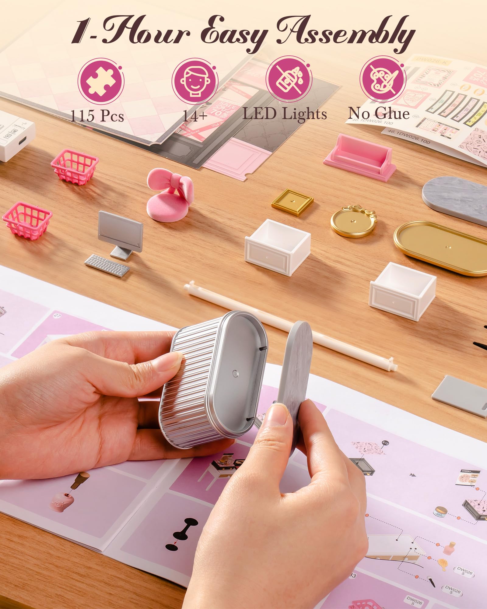 Rolife Super Creator Modellismo Casa in Miniatura da Costruire Kit di Modellini Fai da te Per Adulti Kit di Costruzione Scatola Espositiva Impilabile Senza Colla (Pink Beauty Secret)