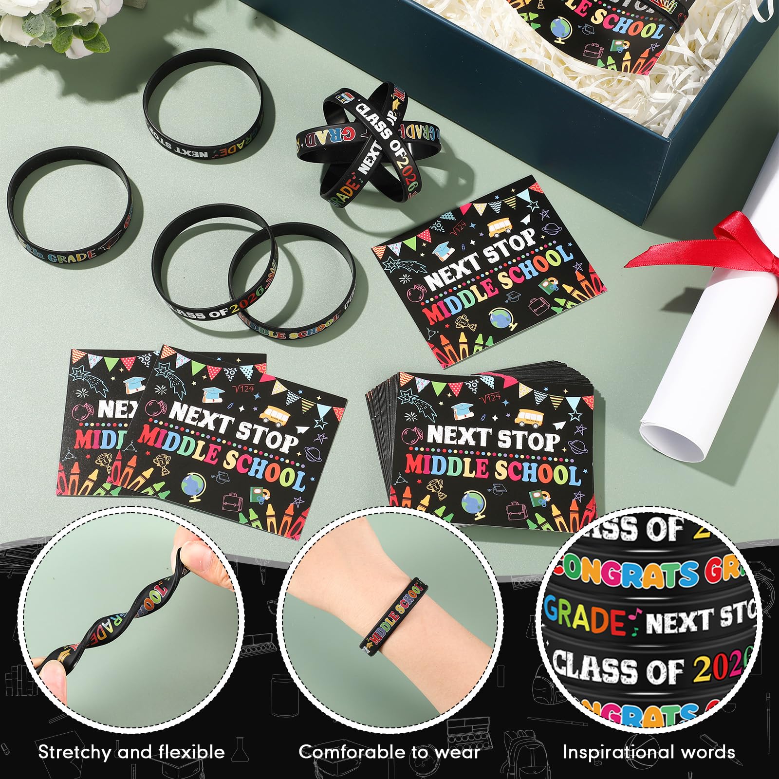 Cinnvoice 5th Grade Gifts for 2026 Graduation Include Grade Graduation Silicone Wristbands and Greeting Card with Organza Bags for 5th(24 Sets)