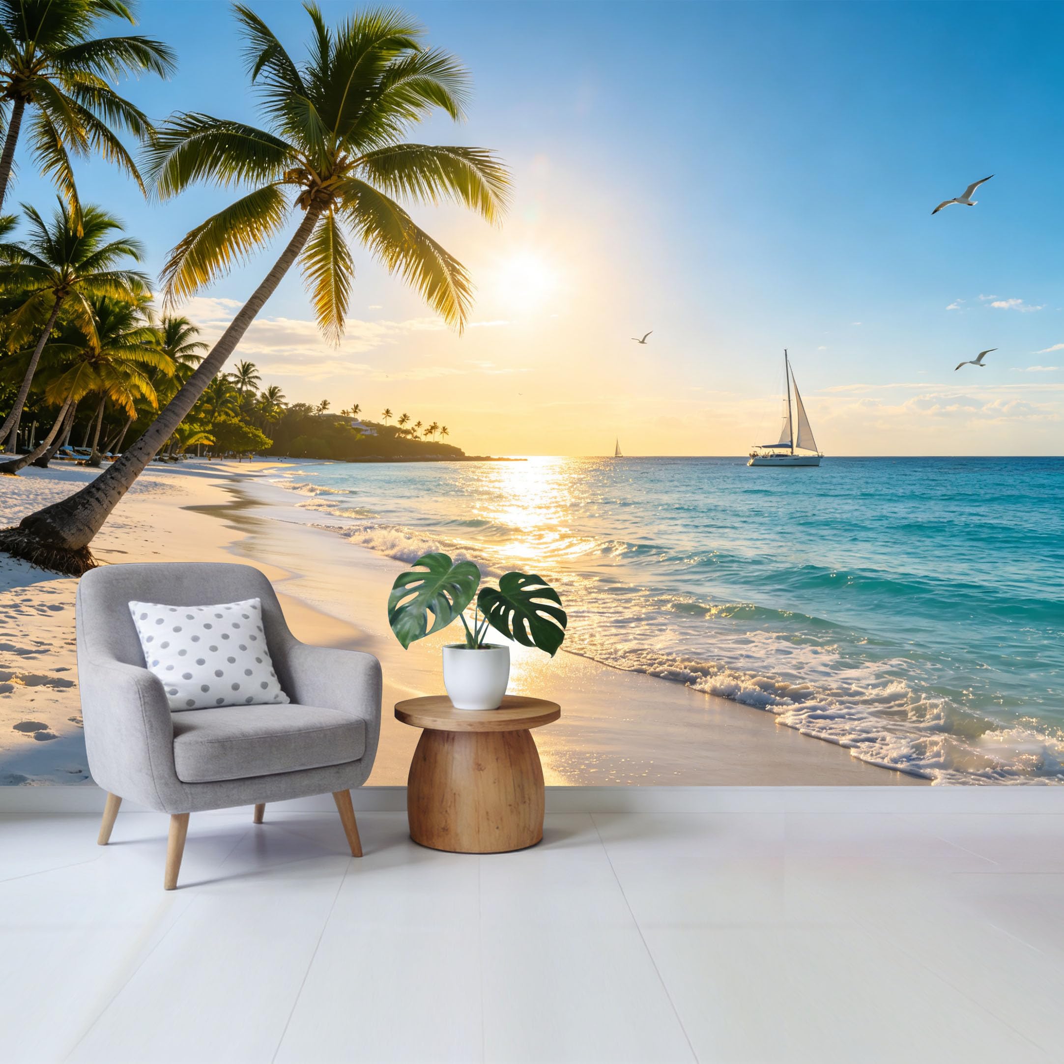 Qzlithotic Yq2605250775 Custom Size Wall Mural Tropical Beach Sunset Palm Tree Sailing Boat Ocean Scenery Selfadhesive Wall Fabric Removable Wallpaper For Home Office Decor