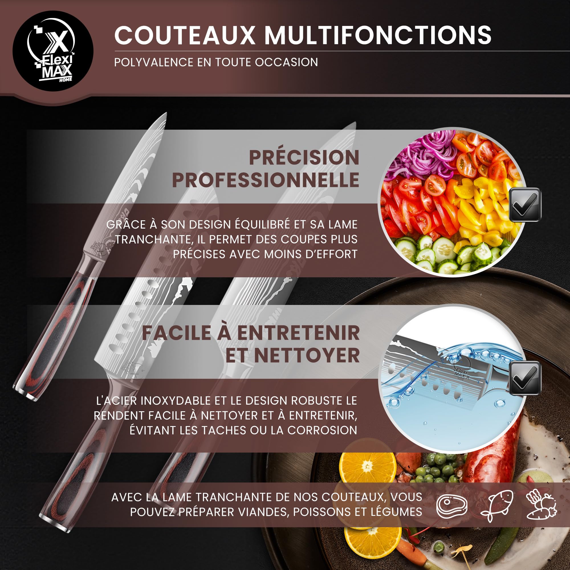 couteau cuisine couteaux de cuisine de Couteaux Chef 8”, Santoku 7”, Utilitaire 5” et Éplucheur couteau de cuisine