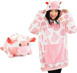 Plushible Wearable Blanket - Blanket Hoodie for Teens & Women - Oversized Hooded Animal Blankets - Cozy & Comfy Front Pocket & Long Sleeves - Strawberry Cow Hood - Valentines Day Gifts