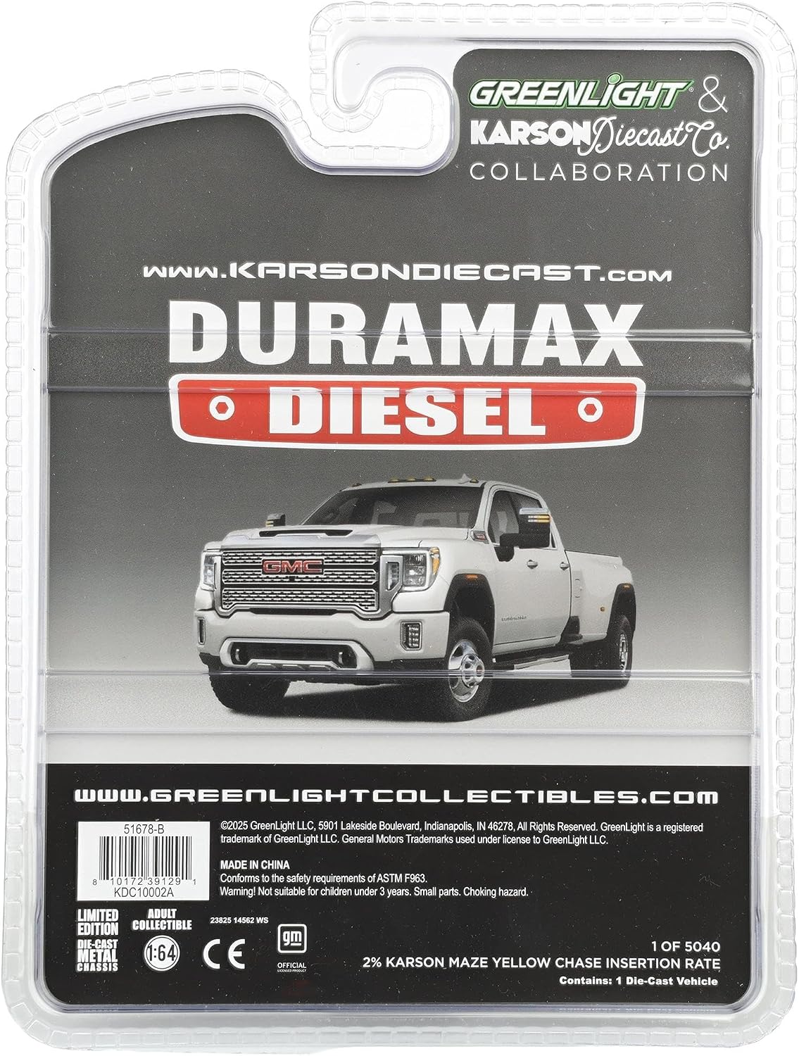 Greenlight 1/64 2022 GMC Sierra 3500HD Denali Dually Pickup Truck, White Frost 51678-B