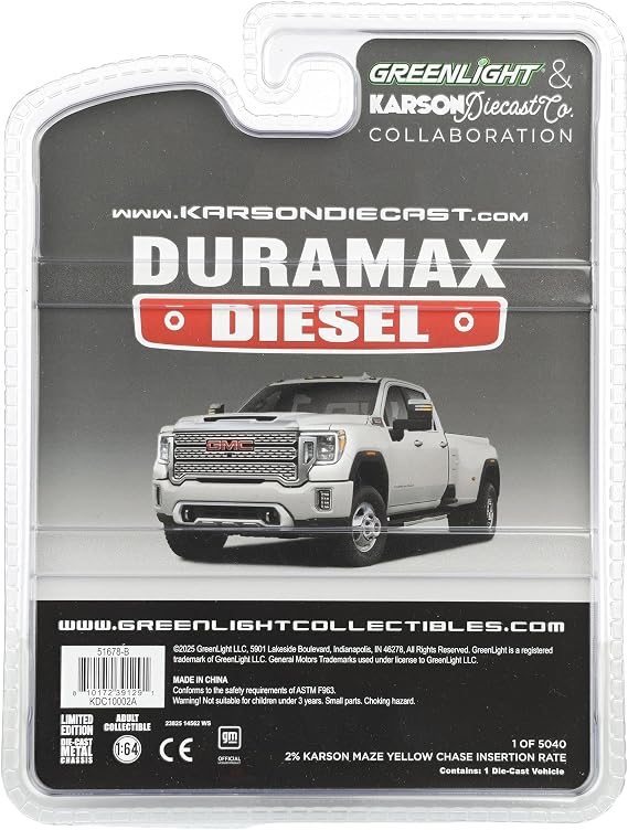 Greenlight 1/64 2022 GMC Sierra 3500HD Denali Dually Pickup Truck, White Frost 51678-B