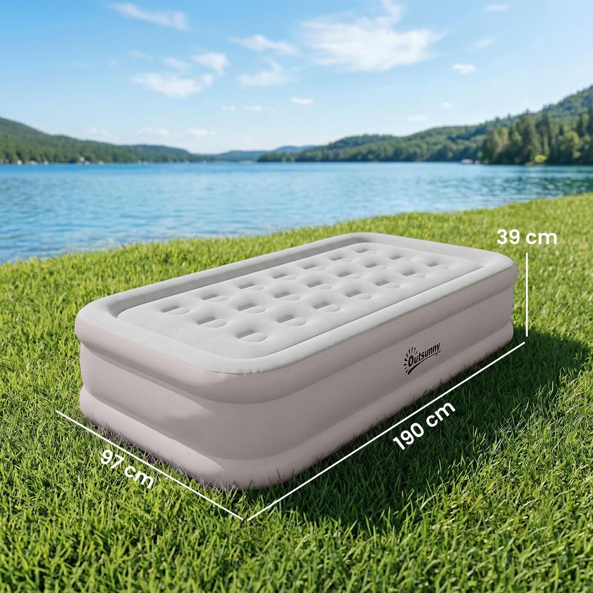 Outsunny Matelas Gonflable, Lit Simple, Pompe Électrique Intégrée, Surface Floquée, Imperméable 5000 mm, Sac Transport, Facile à Ranger, Lit Gonflable pour Camping Voyages Invités, 190x97x39cm, Kaki