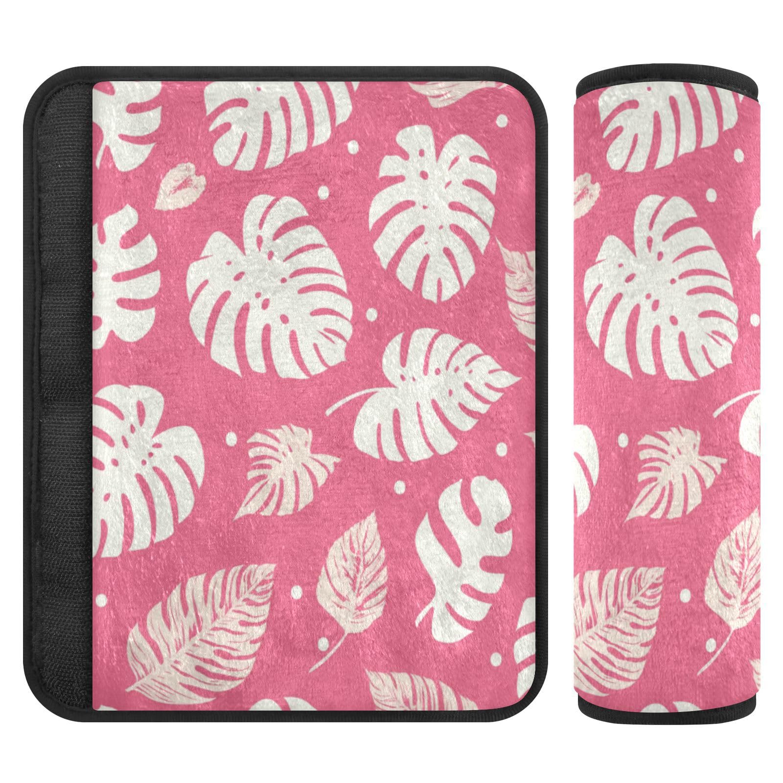 Seat Belt Covers 2 Pack White Monstera Car Seat Strap Covers Super Soft Leaves Pink Car Seat Neck Cover for Boys Girls Adults Babies M
