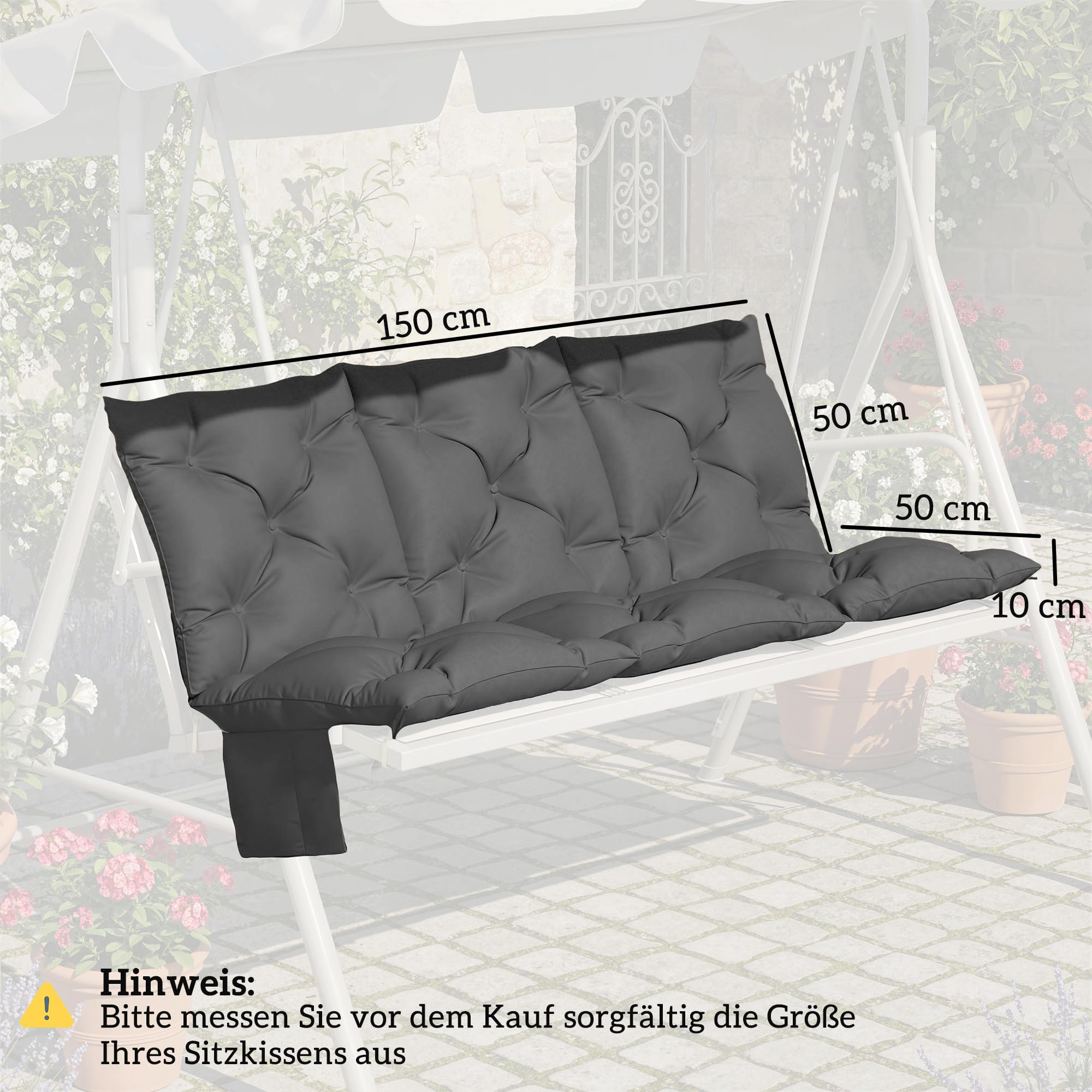 Outsunny Cojín para banco de 150 x 100 x 10 cm, 3 plazas, con cintas, respaldo, cojín para exterior, con bolsillo lateral, impermeable, para columpio, color gris oscuro
