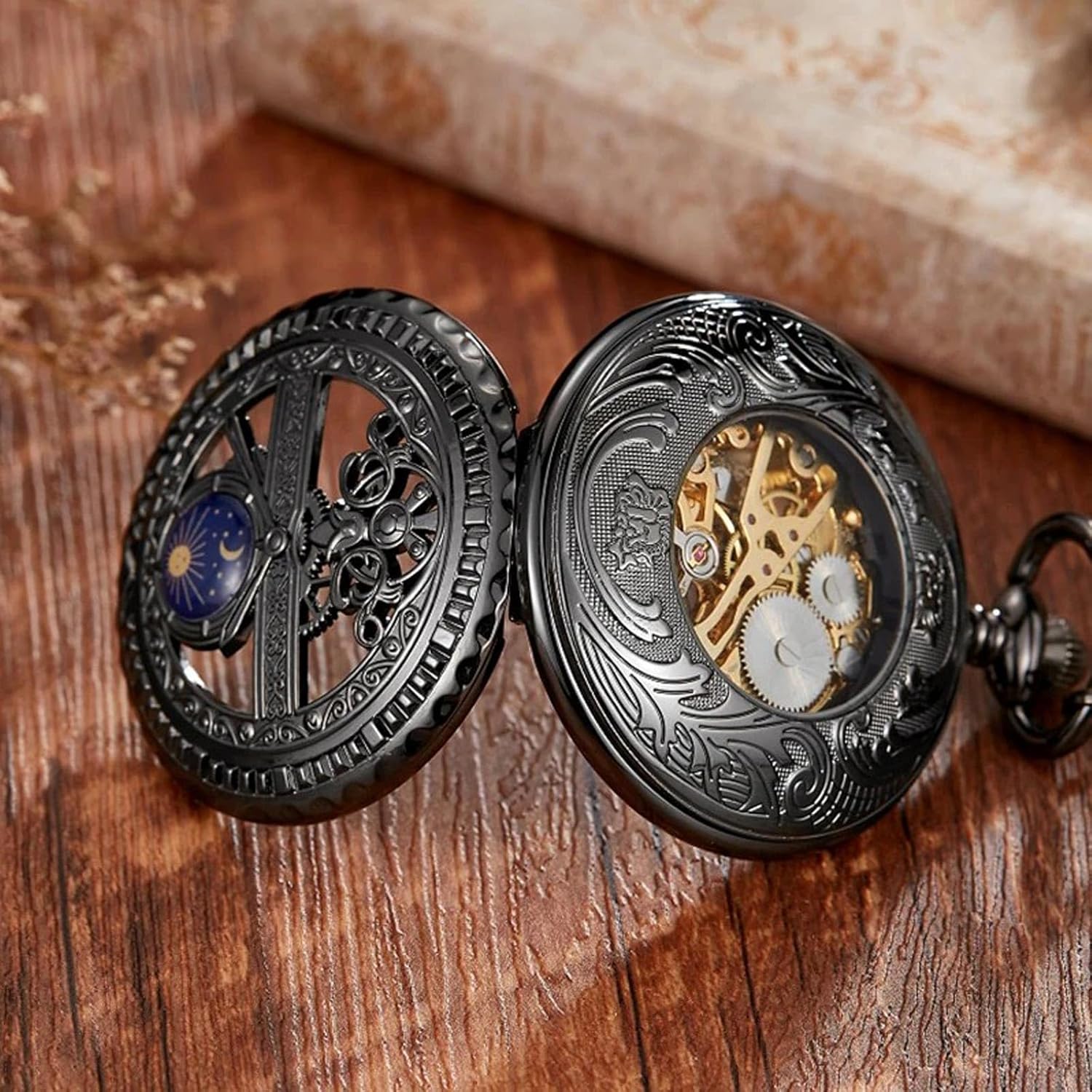 Men's Mechanical Pocket Watch with Roman Numeral dial and Day-Night Skeleton Design, Comes with a Box and Chain, Suitable for Both Men and Women, Available in Black, Gold, and Silver