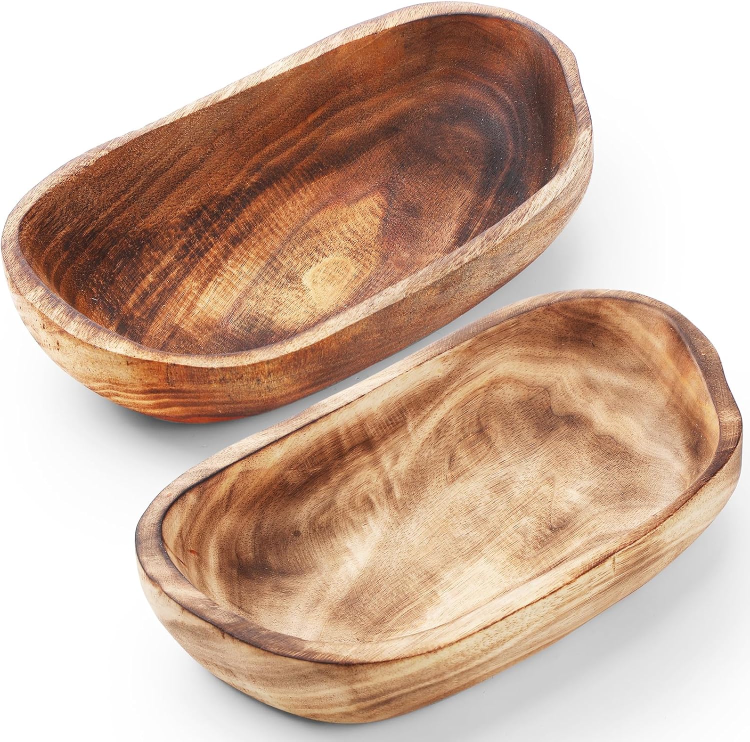 2 Pcs Wooden Dough Bowls for Decor Oblong Decorative Bowl Home Decor Fruit Vessel for Kitchen Counter Rustic Carved Serving Container Long Wooden Bread Tray for Dining Room Table(10 x 6 x 2 Inch)