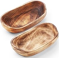 Unittype 2 Pack Handmade Wooden Dough Bowls - Rustic Oblong Decorative Fruit Bowls for Kitchen Counter, Bread Serving Tray 10x6x2 Inch