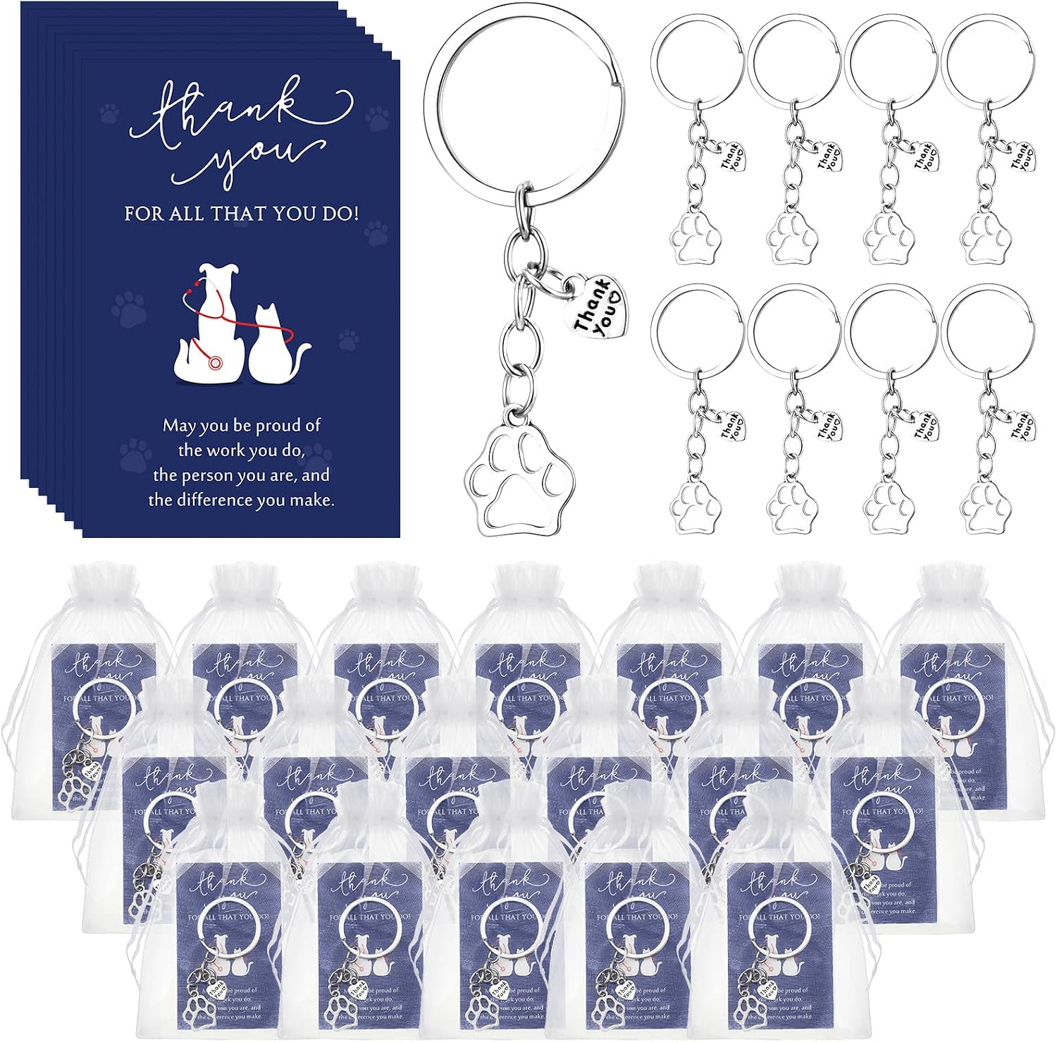 XunYee Vet Tech Week Gifts Bulk Paw Keychains Cards