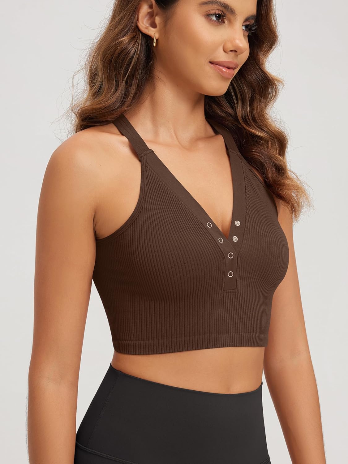 ODODOS 2-Pack Seamless Henley Crop for Women Open Back Ribbed Tank Button-up Cropped Top - Image 3