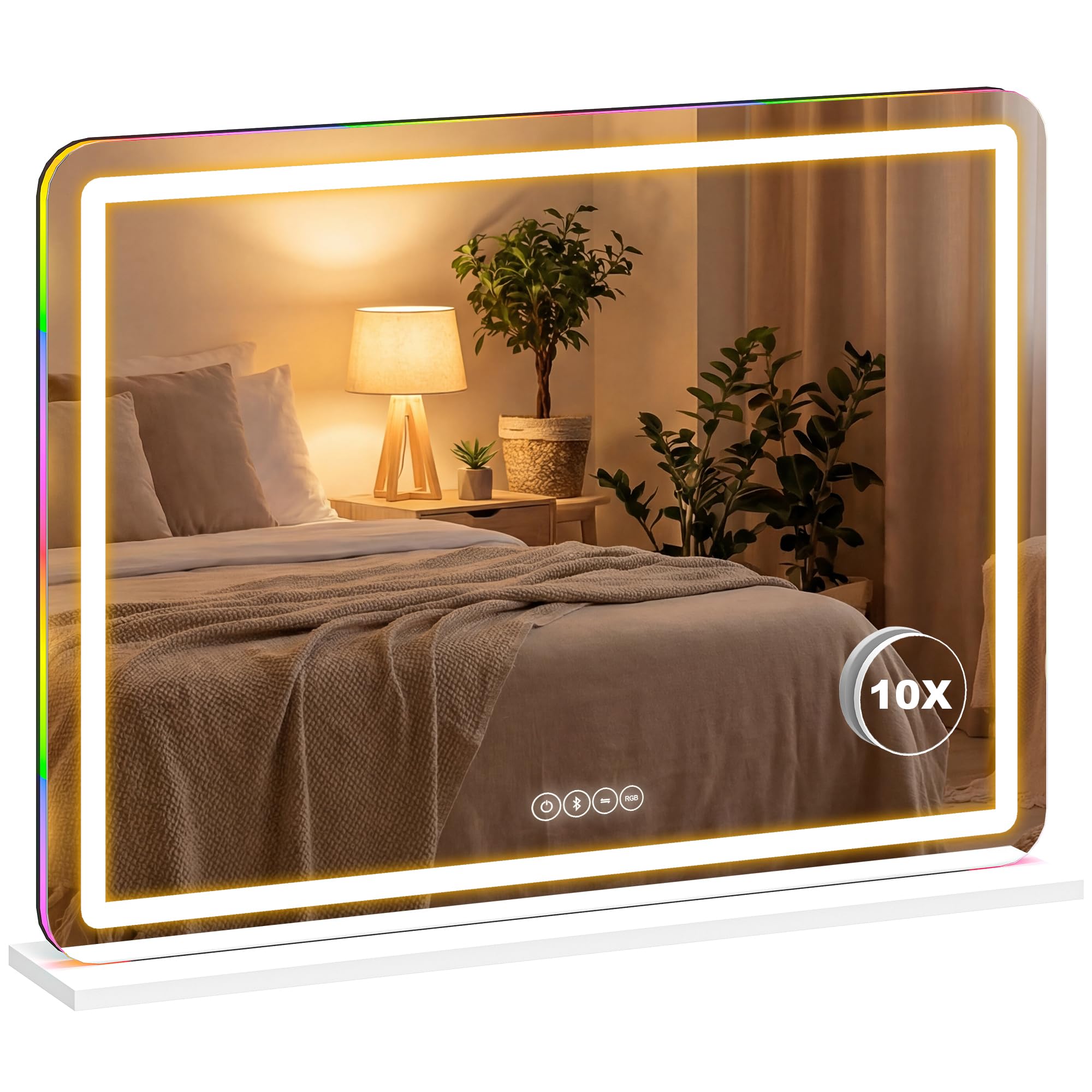 HOMCOM Vanity Mirror with Lights, Dimmable Makeup Mirror with Adjustable Colour Temperature, RGB Light, Bluetooth Speaker, 10X Magnification, Touch Control, 80 x 60 cm, Tabletop & Wall-Mounted, White