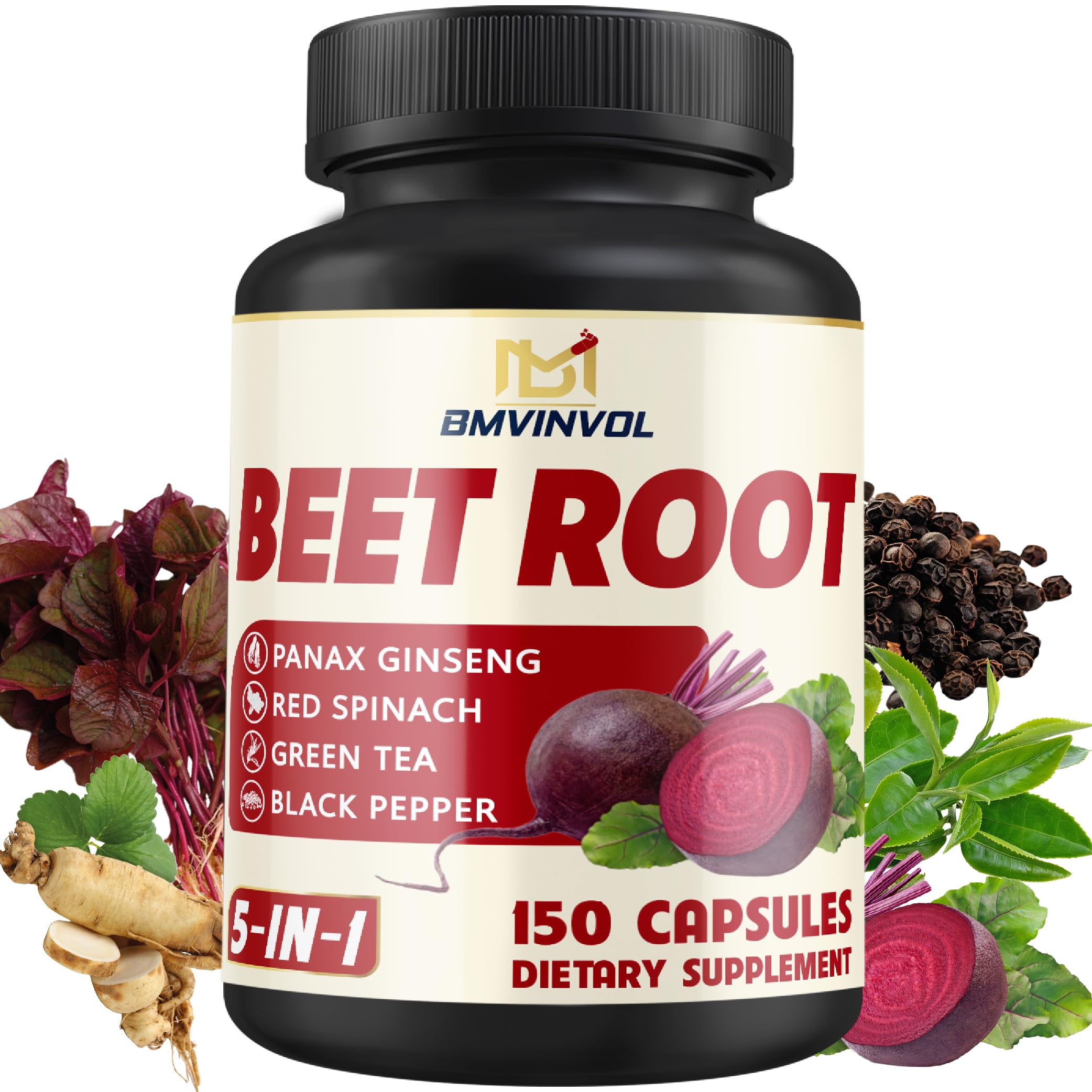 BMVINVOL Beet Root Extract Capsules 8550mg - 5 Months Supply - Red Spinach, Green Tea, Ginseng, Black Pepper - Supports Heart Health, Digestive, Immune System