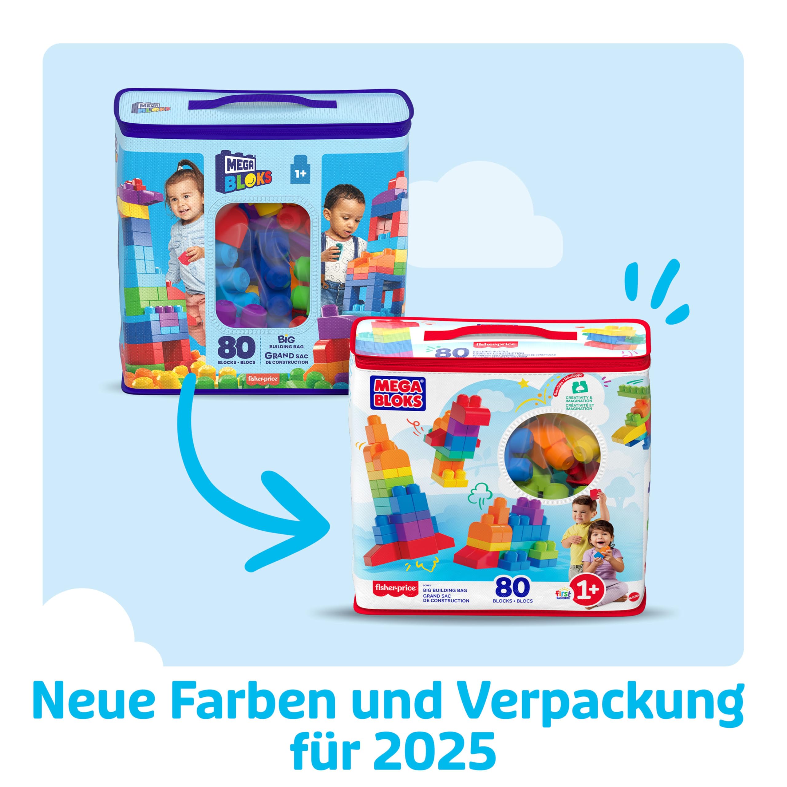 MEGA BLOKS Fisher-Price Bausteine für Kleinkinder, großer Bausteinebeutel mit 80 Teilen und Aufbewahrungsmöglichkeit, Blau, Geschenkideen für Kinder ab 1 Jahr, DCH63